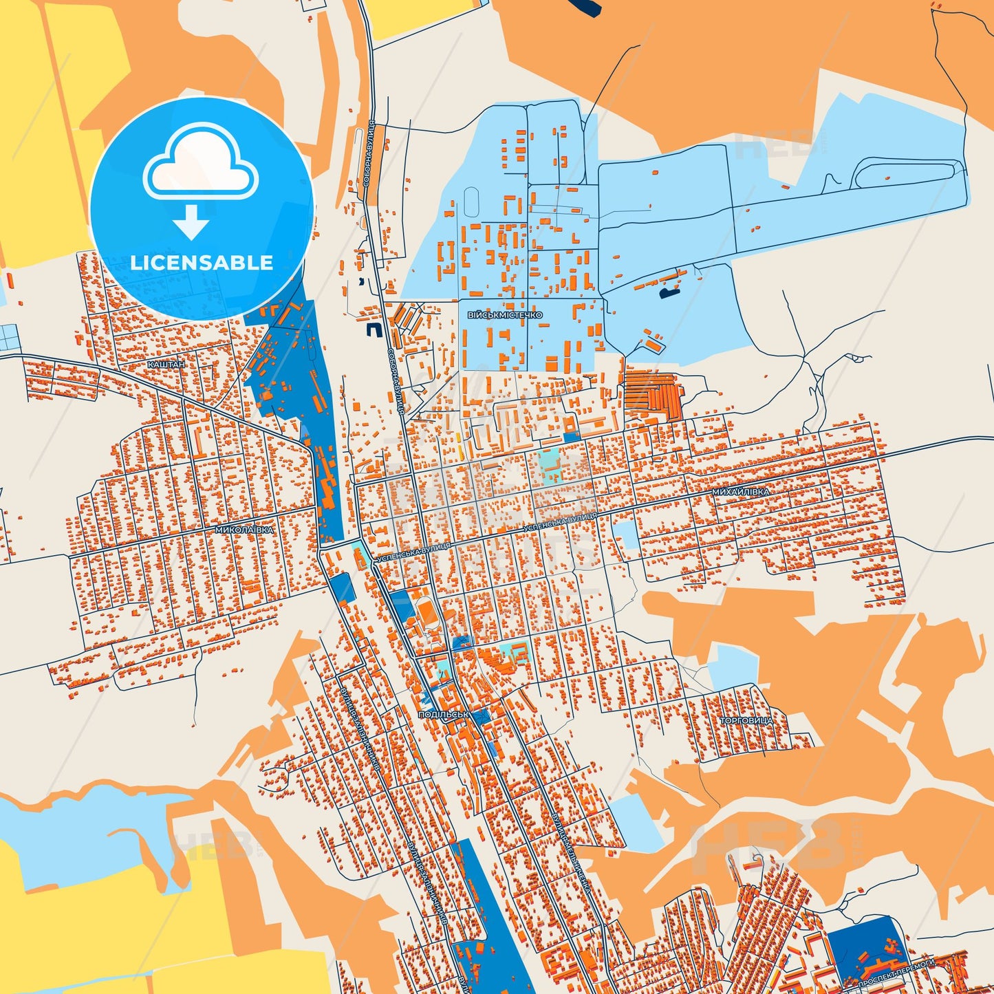 Colorful Podilsk Street Map with Labels and Buildings