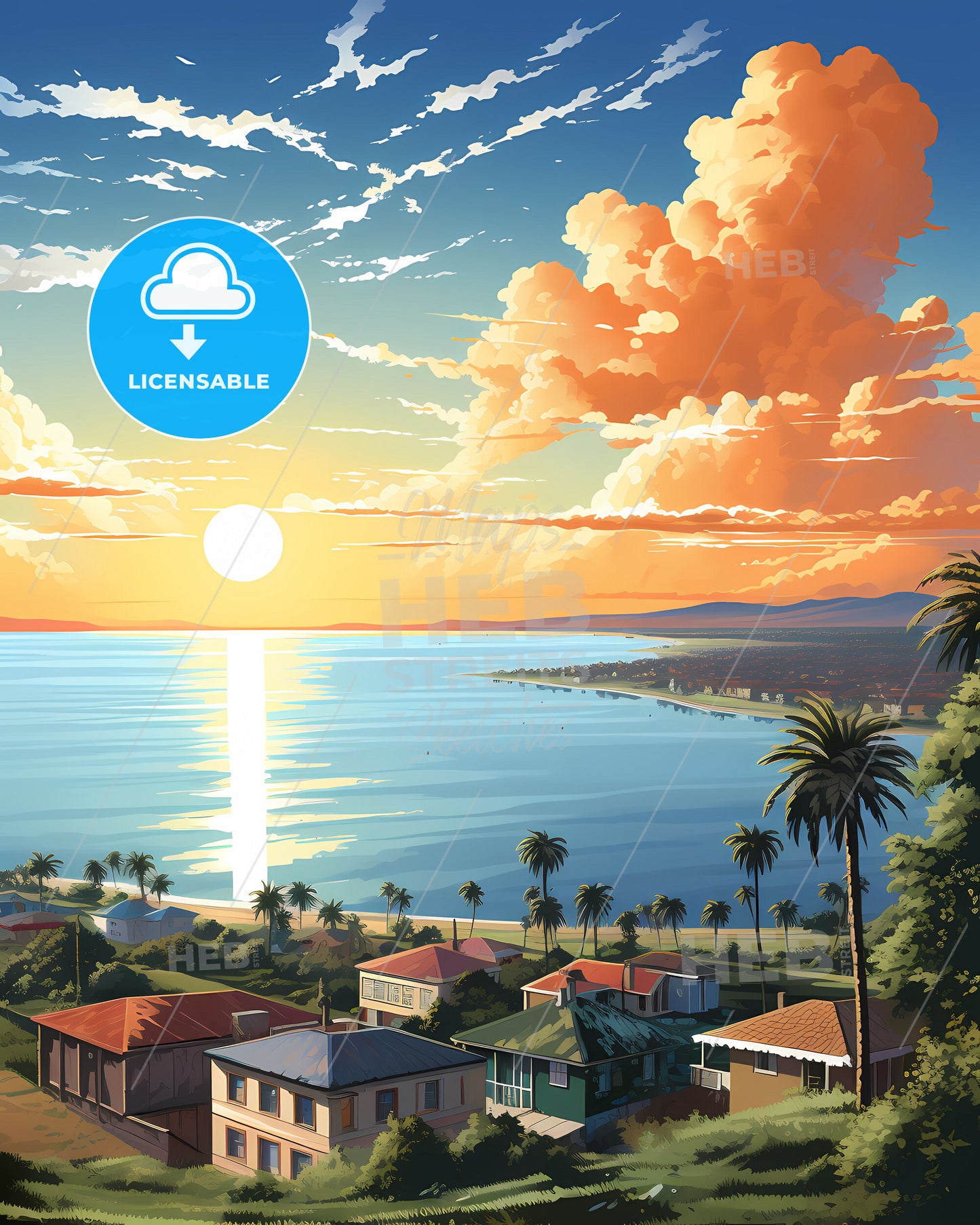 Colorful sunset over beach in Pointe-Noire Republic of the Congo artwork painting