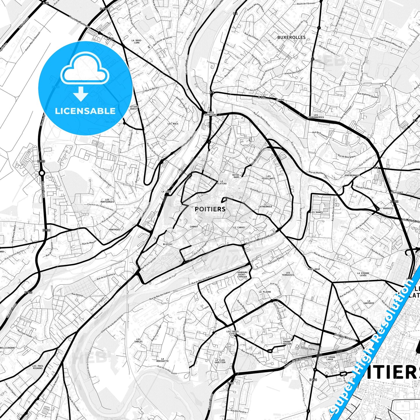 Poitiers, France Light Map with Street Names, City Names, and Districts
