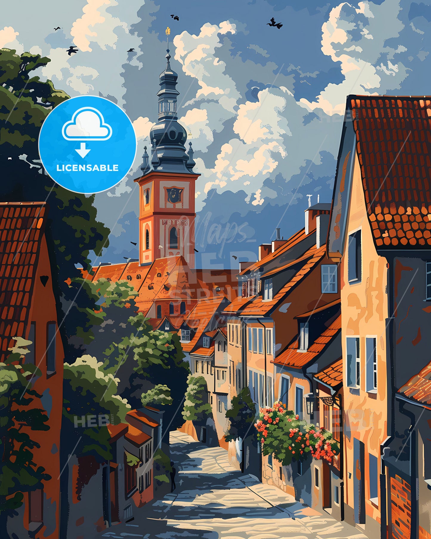 Poland, Europe - a vibrant street art painting with a focus on the art aspect, featuring a tower in the background