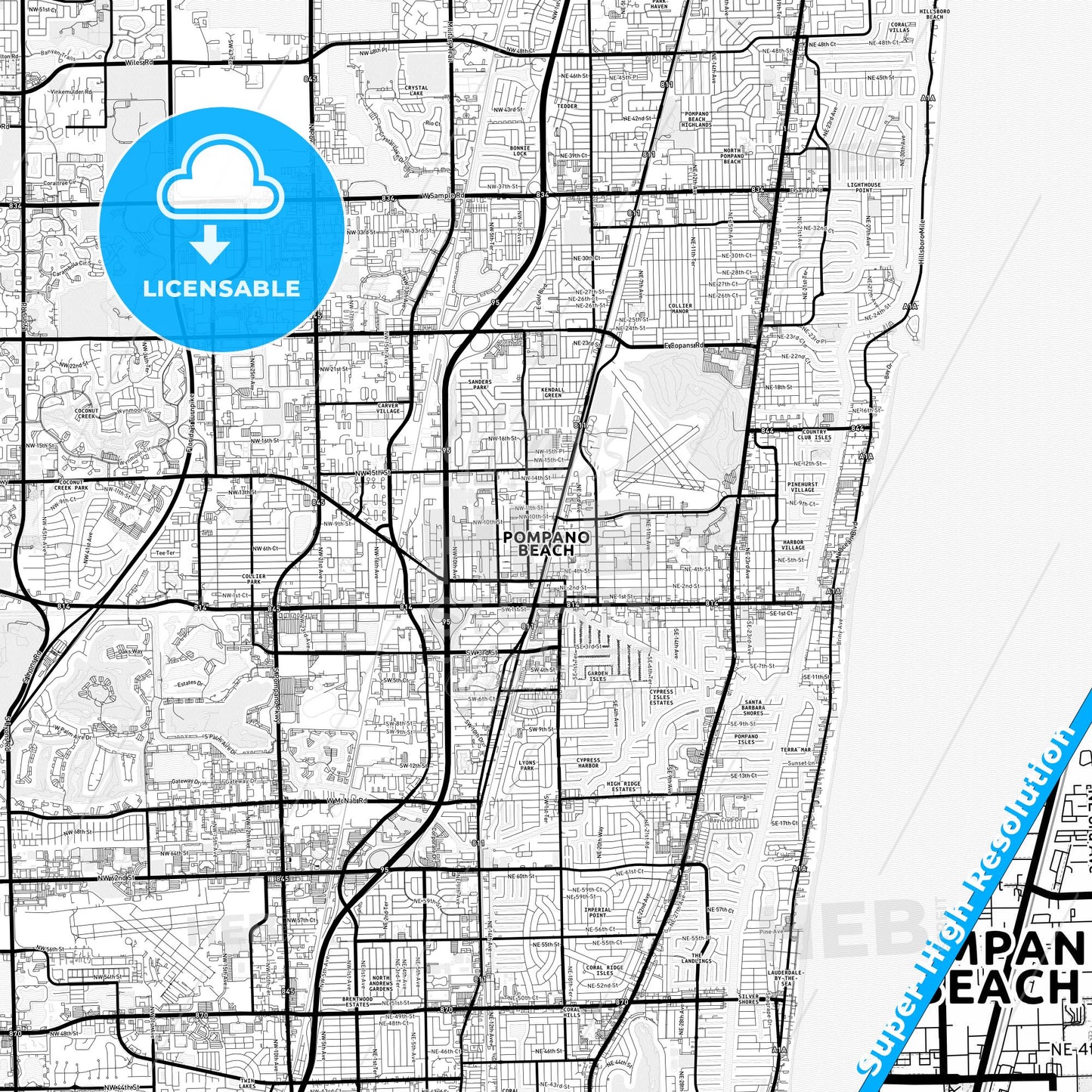 Pompano Beach, Florida Light Map with Street Names, City Names, and Districts