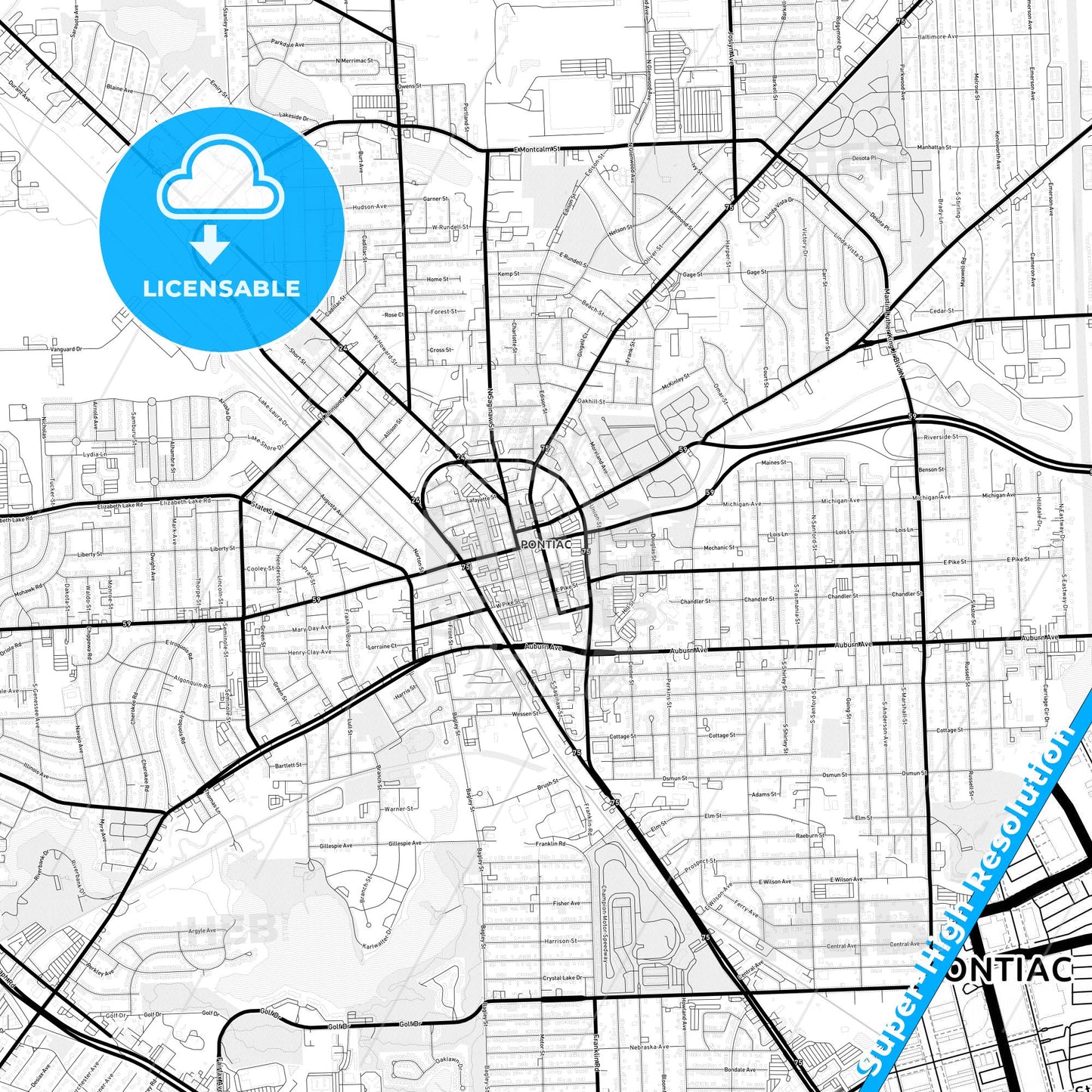 Pontiac, Michigan Light Map with Street Names, City Names, and Districts