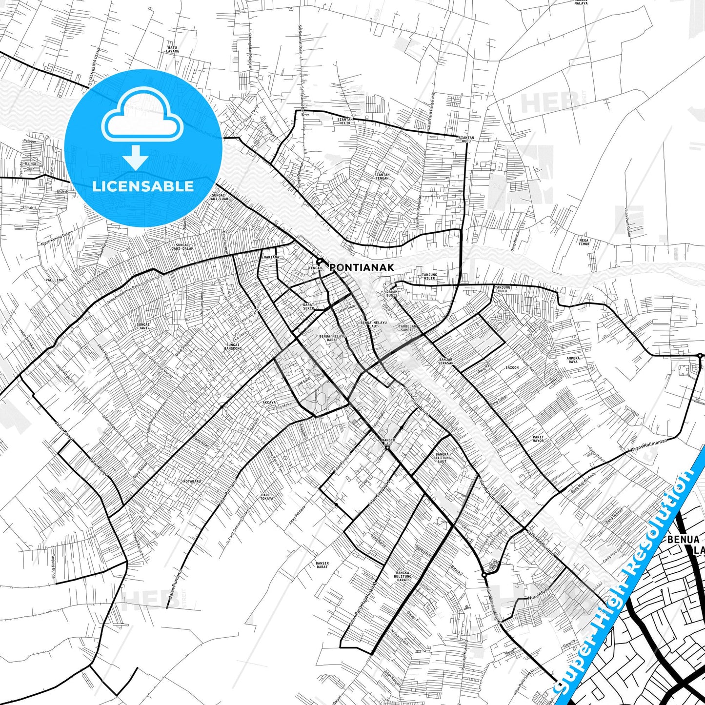 Pontianak, Indonesia Light Map with Street Names, City Names, and Districts