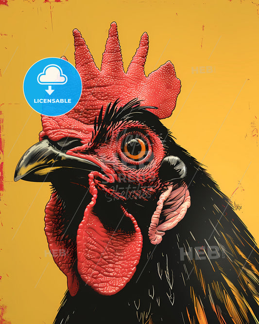 Pop-art rooster painting with red comb and vibrant colors featuring art focus