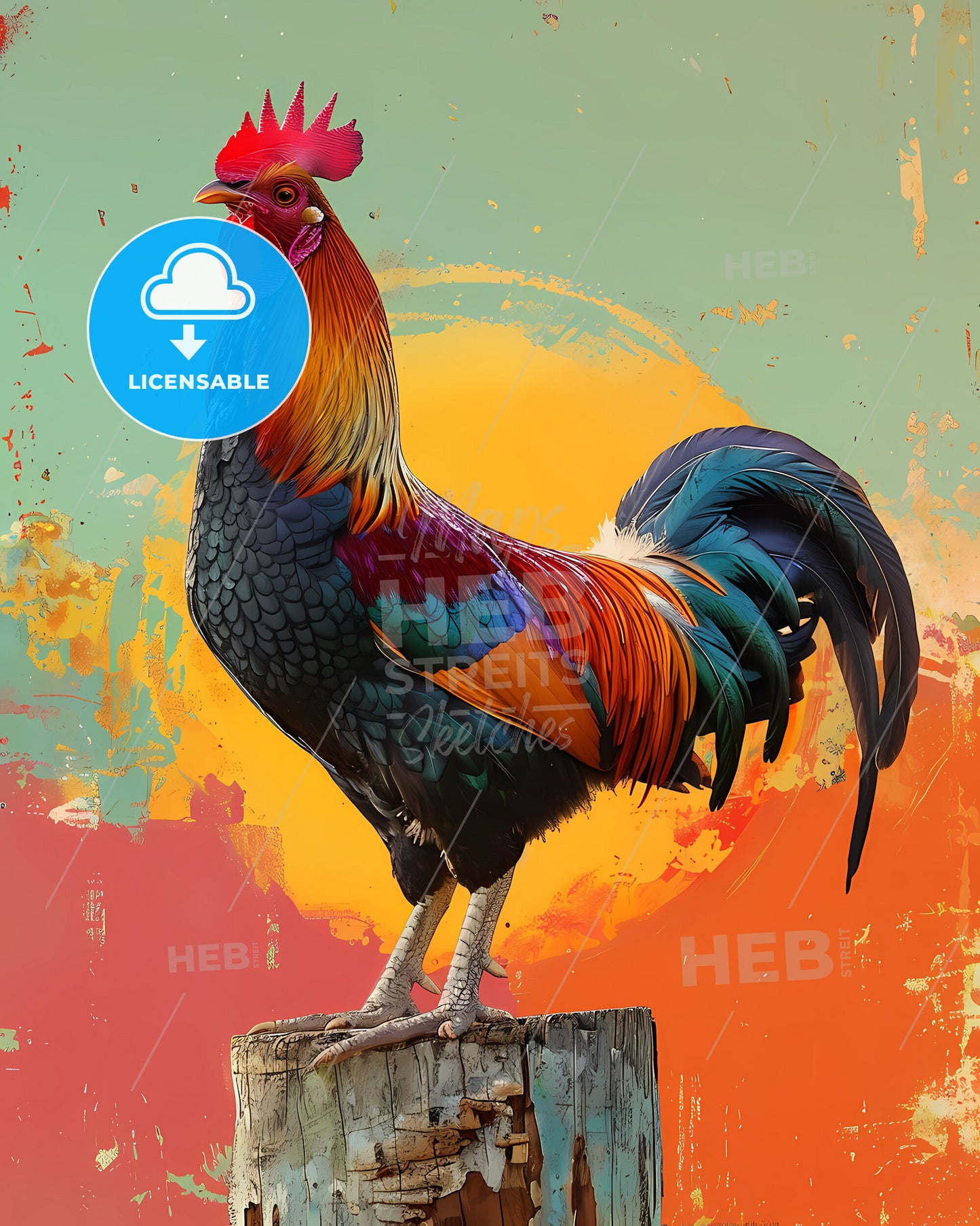 Pop art rooster painting standing on post, vibrant colors, art, popart, rooster, post, painting, vibrant