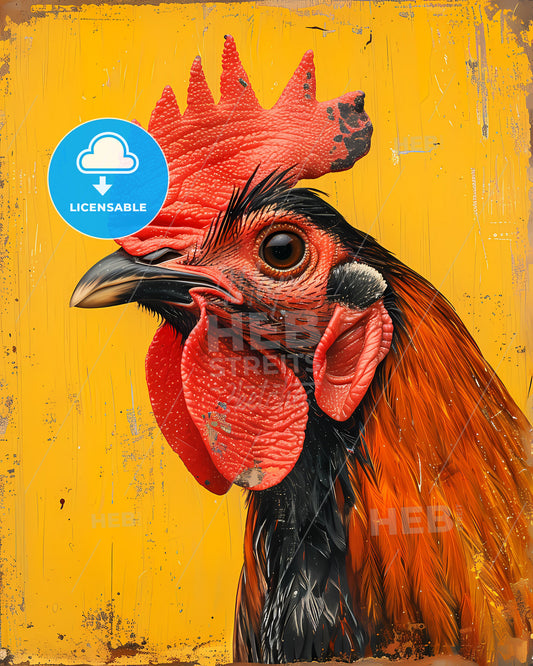 Vibrant Pop-Art Rooster Painting on Yellow Background with Focus on Art
