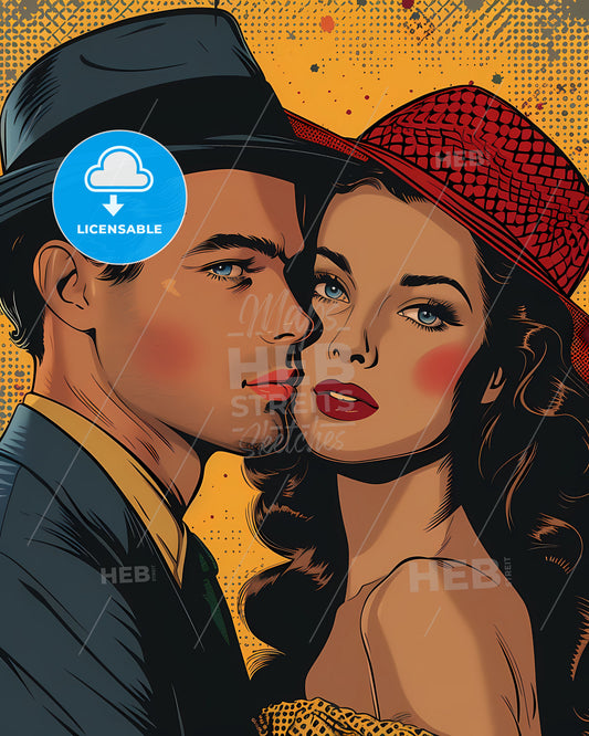 Vibrant Pop Art Painting of a Man Leaning on a Womans Shoulder Creates Captivating Background