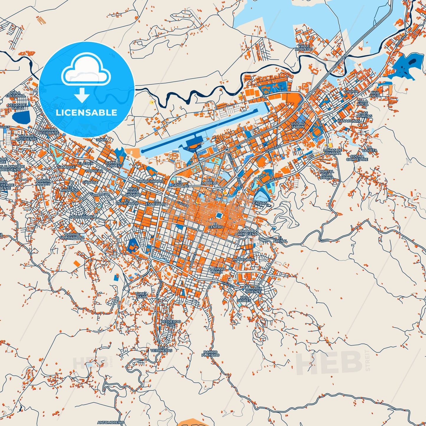 Colorful Popayan Street Map with Labels and Buildings
