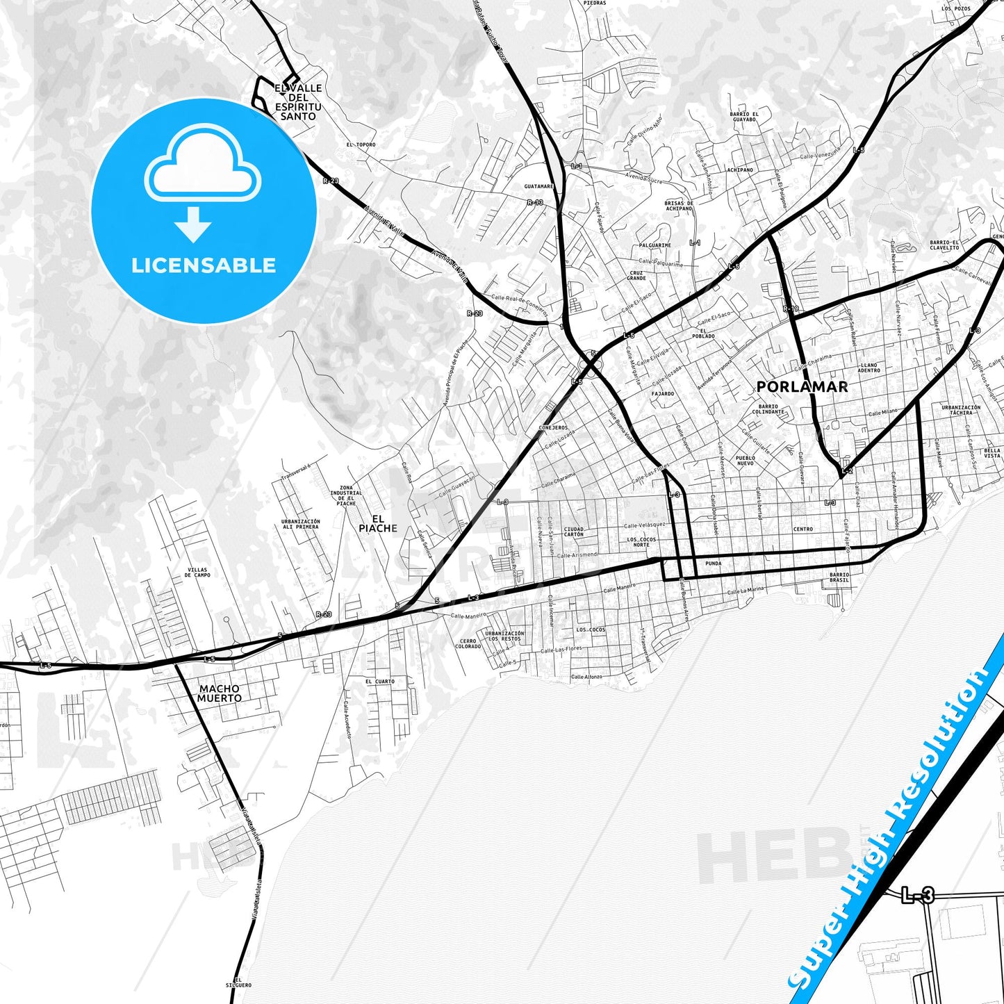 Porlamar, Venezuela Light Map with Street Names, City Names, and Districts