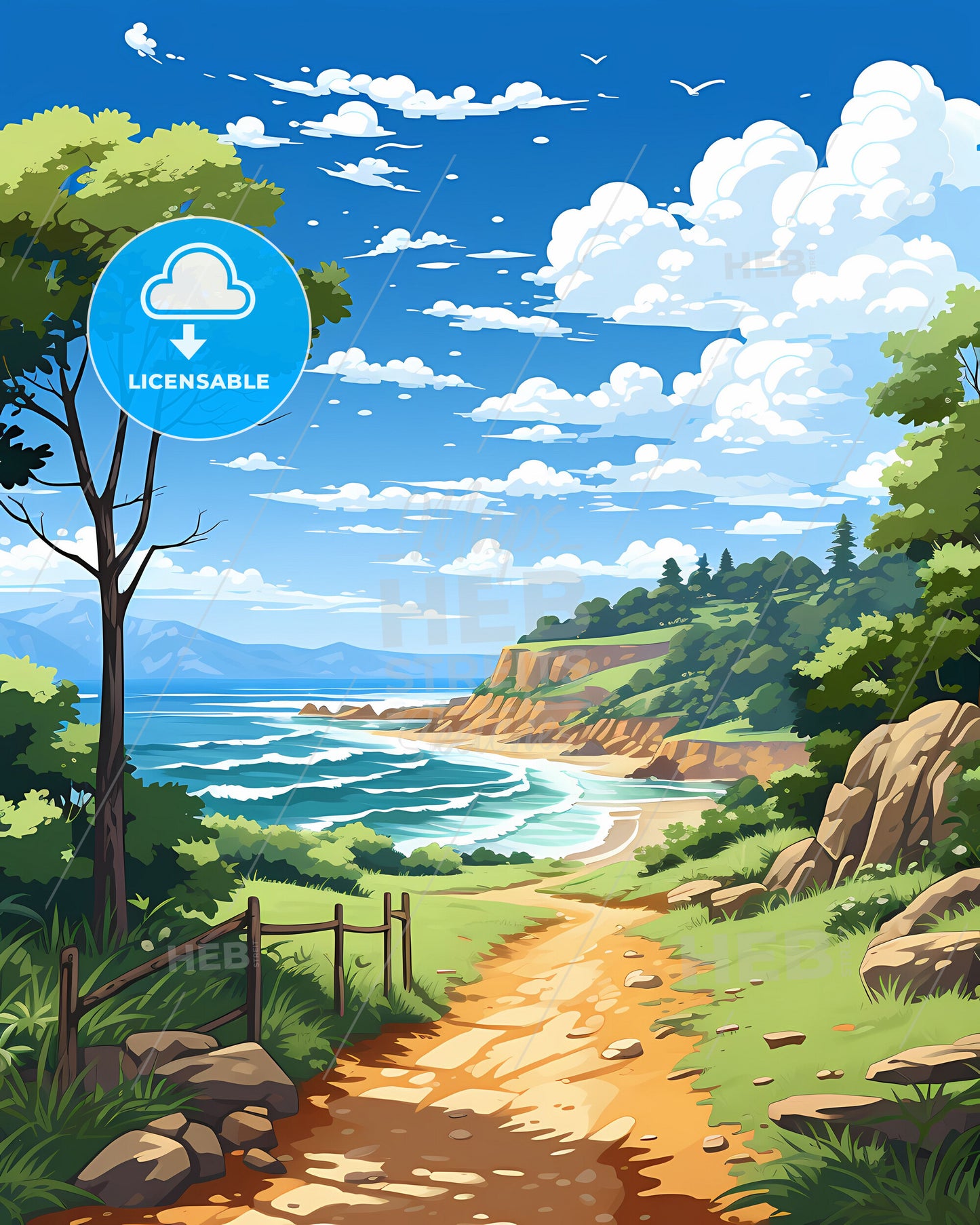 Colorful Port Macquarie Australia Beach Art Painting With Trees and Fence