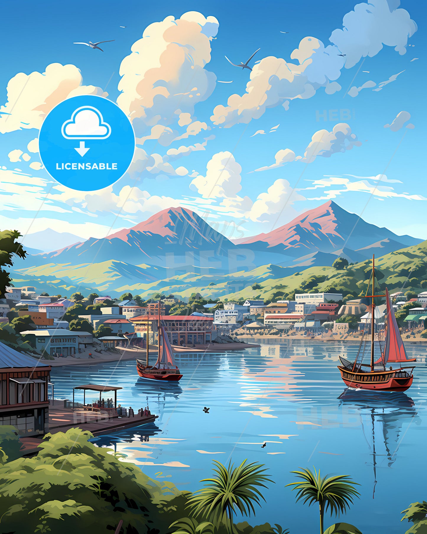 Port Moresby Papua New Guinea Cityscape Painting Skyline Art Boats