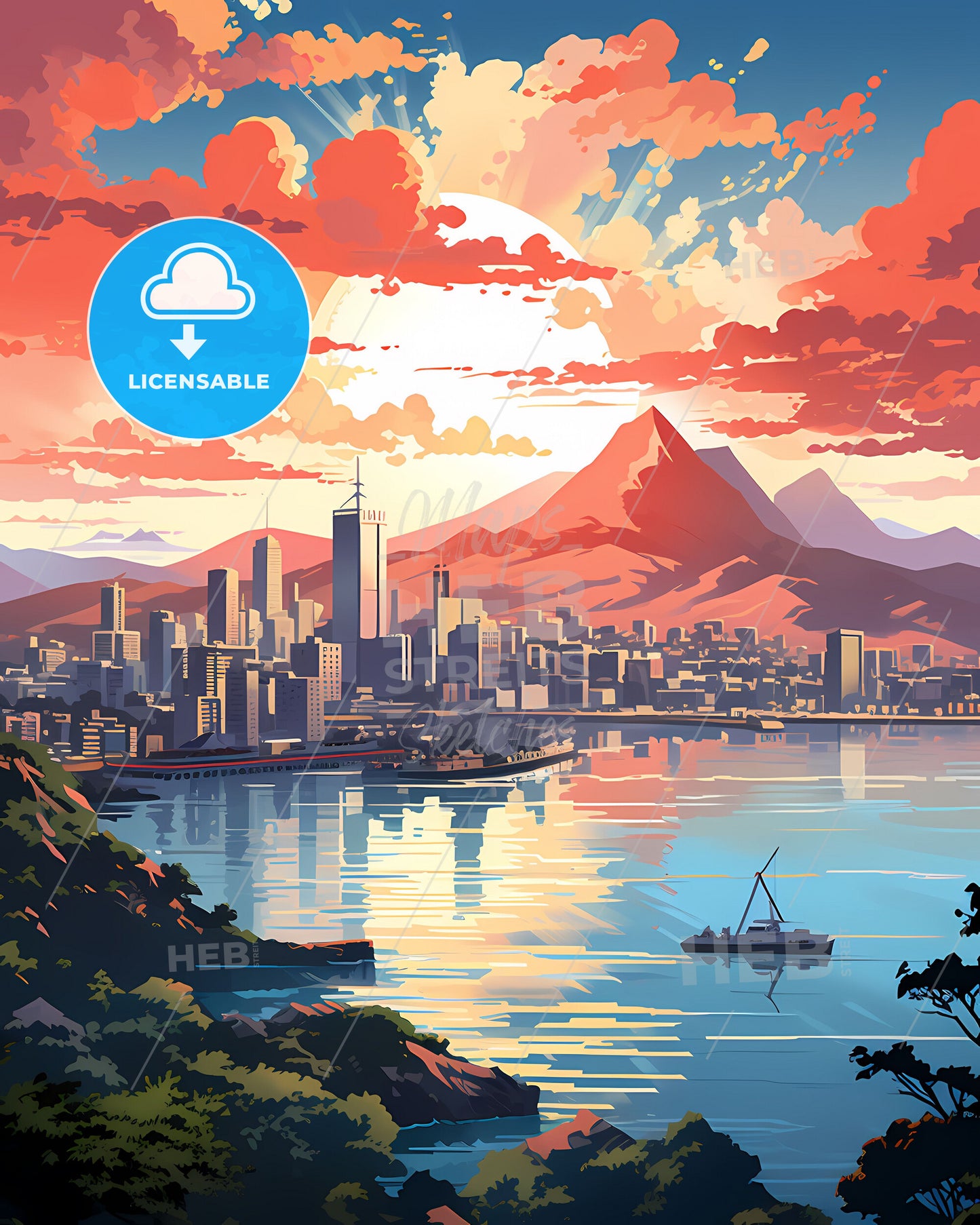 Port Moresby Skyline Cityscape Painting Papua New Guinea Waterfront Art