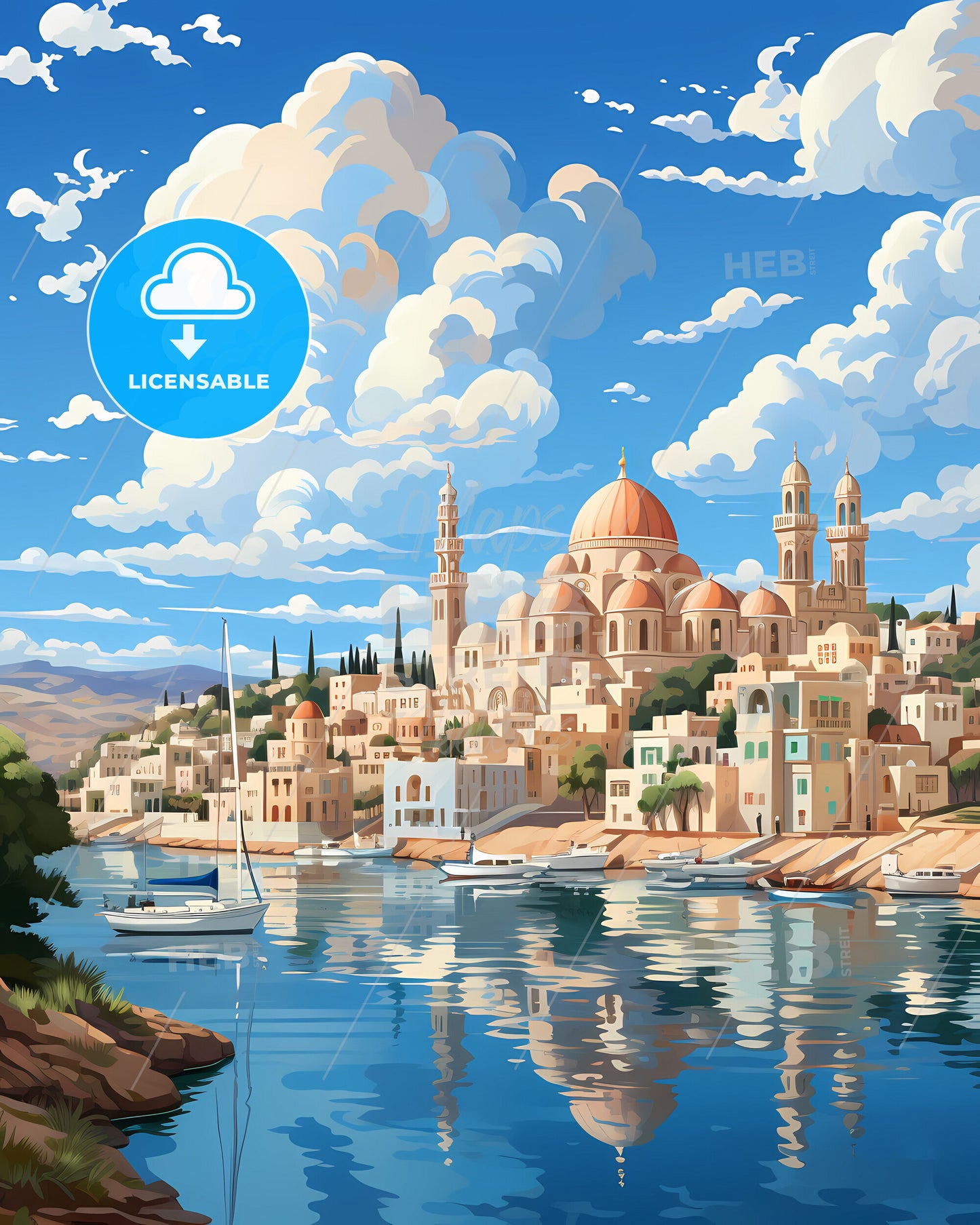 Port Said Egypt City Skyline Painting with Boats and Water