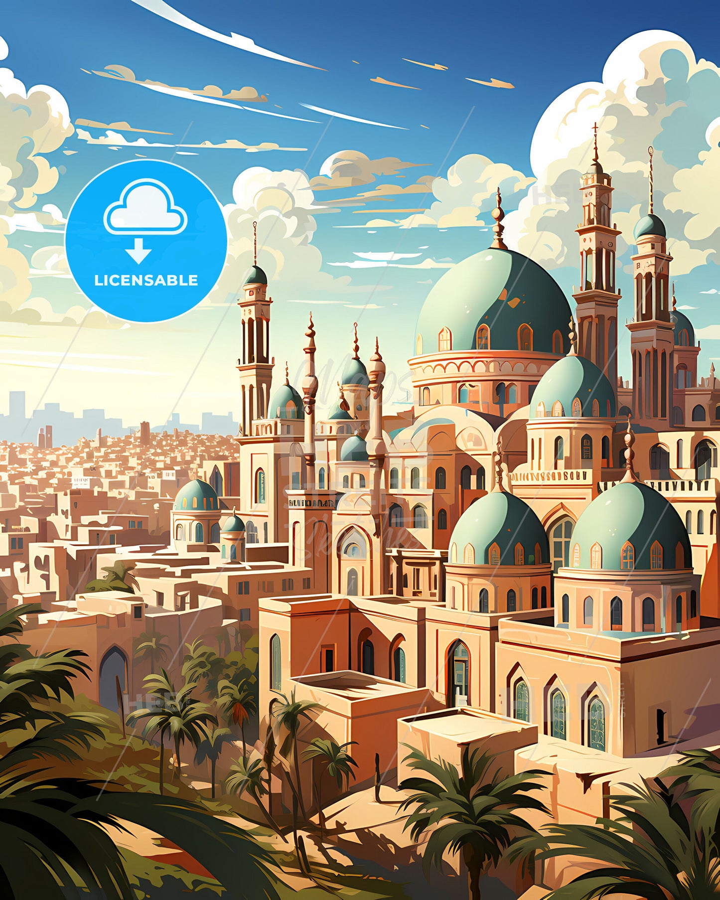 Port Said Egypt Skyline, Building, Domes, Towers, Painting, Art, Vibrant