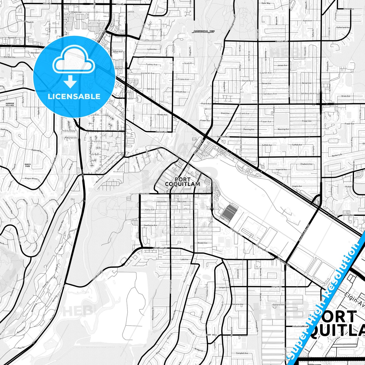 Port Coquitlam, Canada Light Map with Street Names, City Names, and Districts