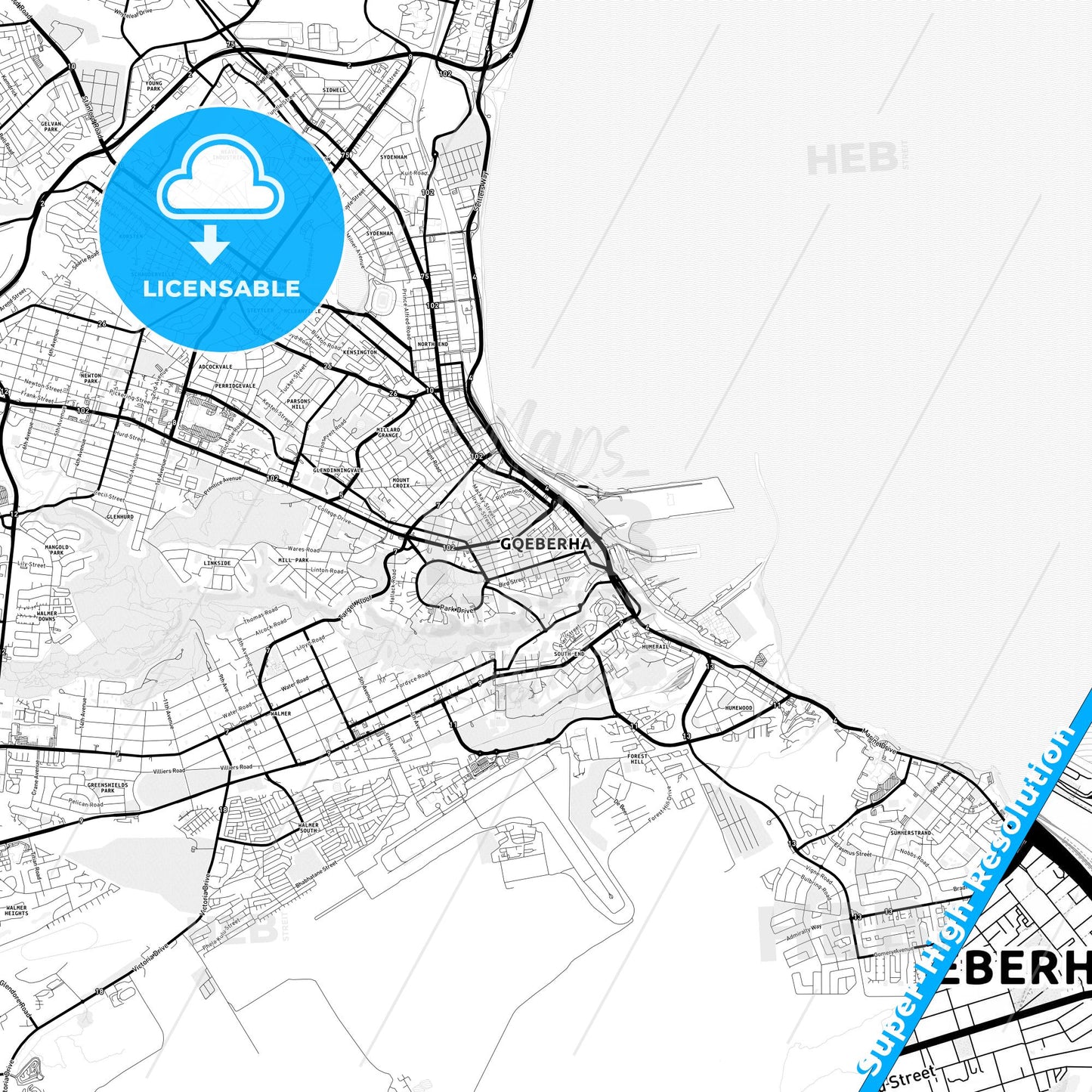 Port Elizabeth, South Africa Light Map with Street Names, City Names, and Districts