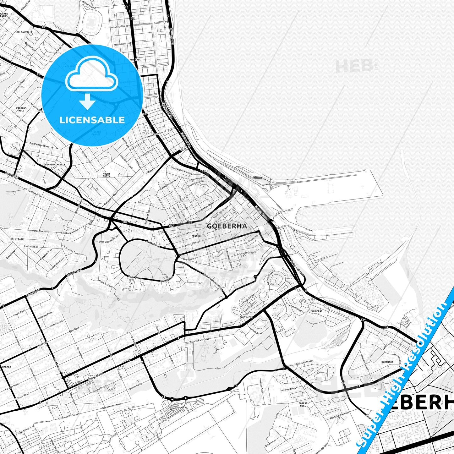 Port Elizabeth, South Africa Light Map with Street Names, City Names, and Districts