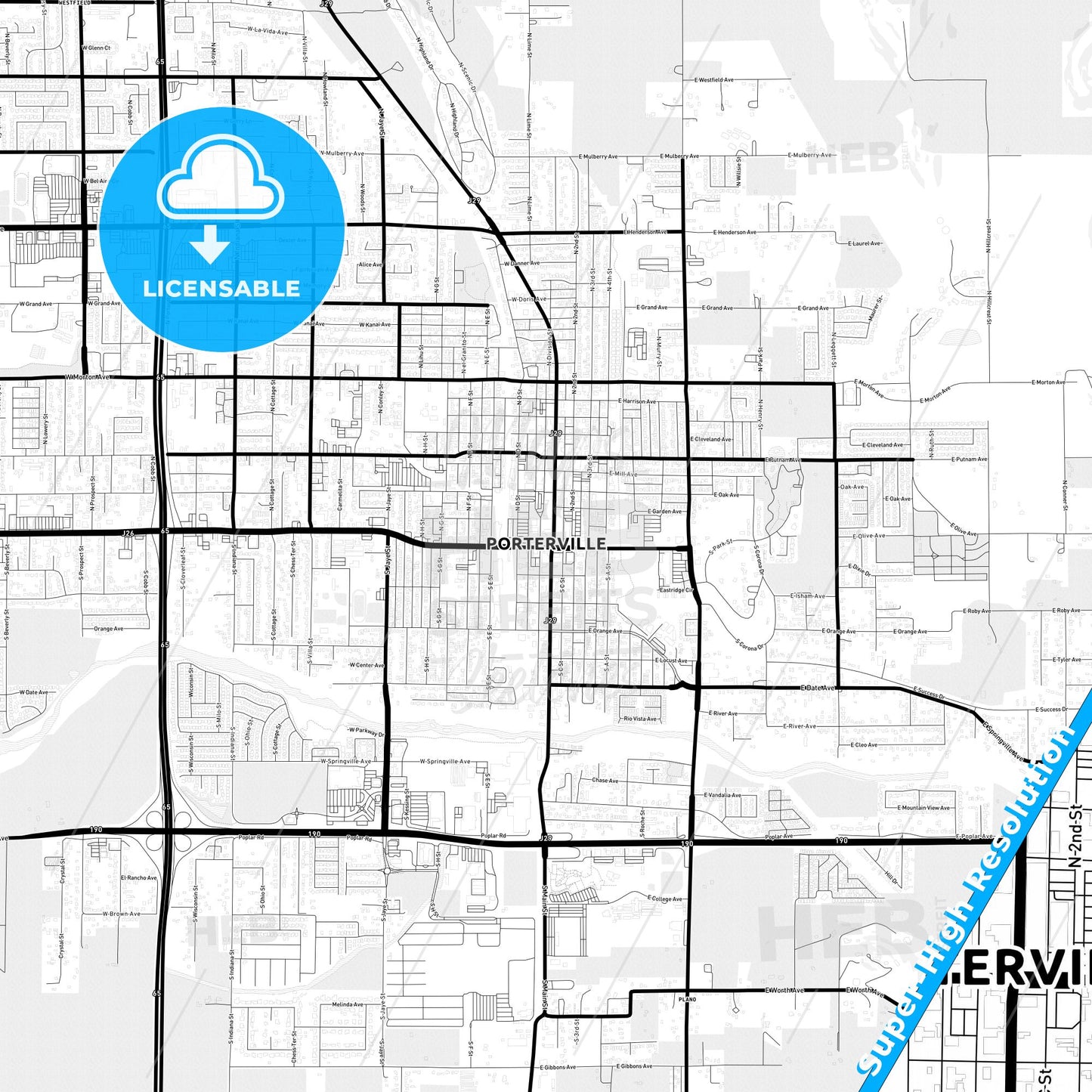 Porterville, California Light Map with Street Names, City Names, and Districts