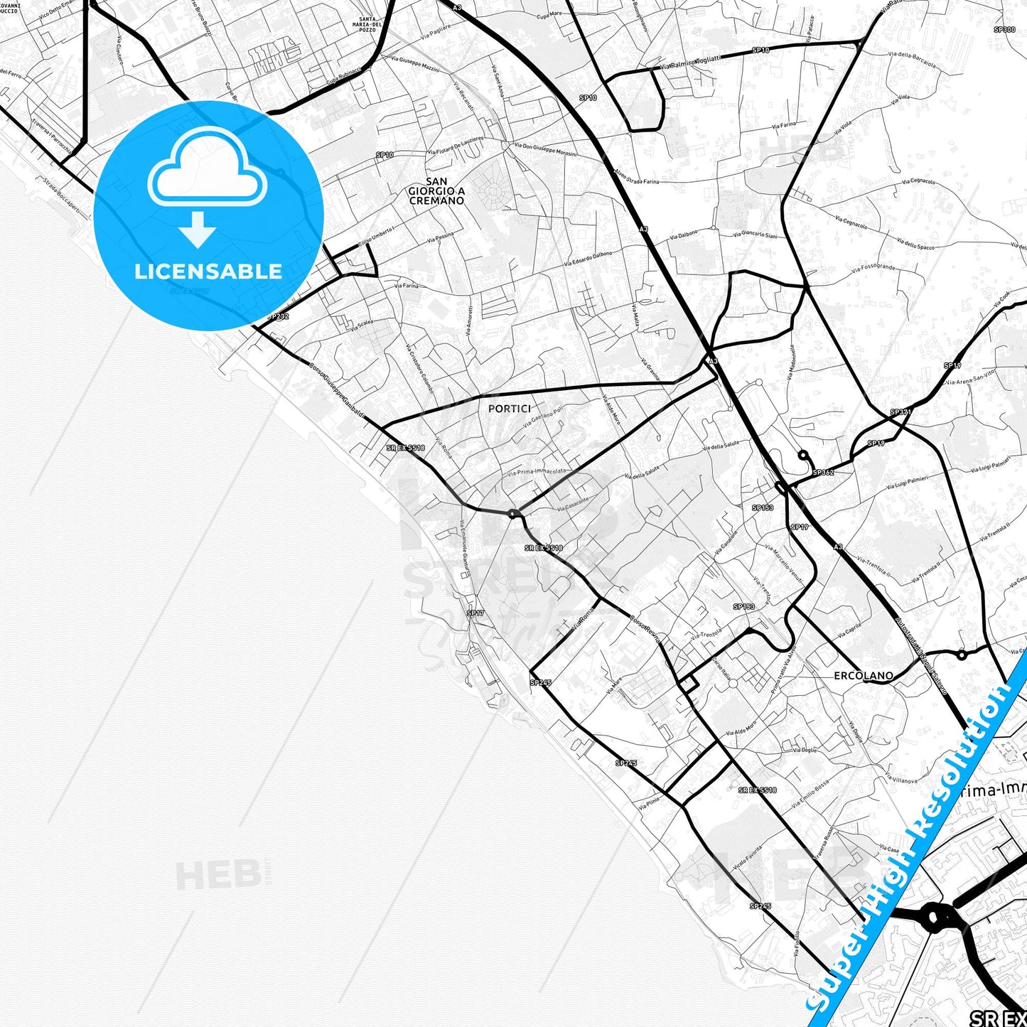 Portici, Italy Light Map with Street Names, City Names, and Districts
