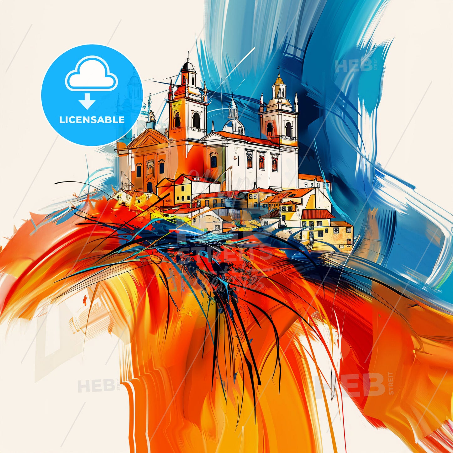 Vibrant Portimão, Portugal - A Painting Of A Building With A Colorful Background