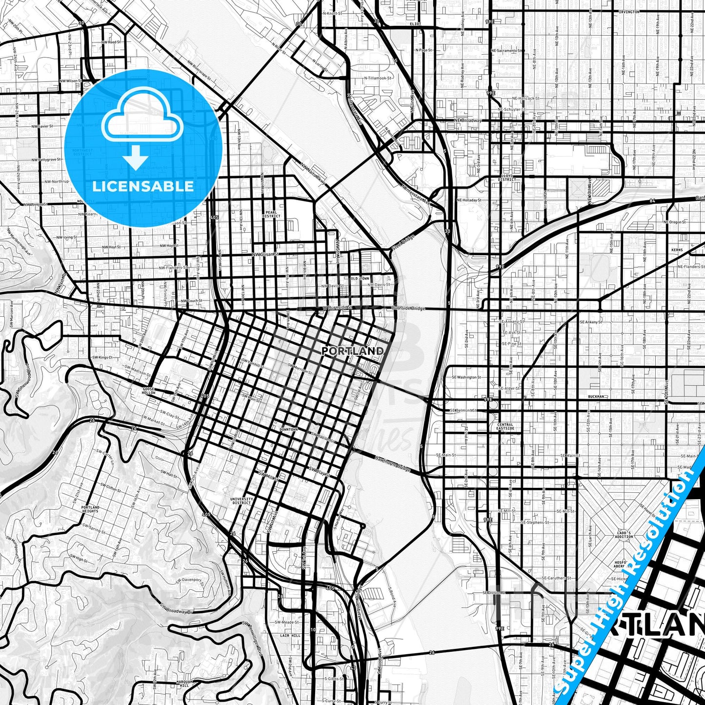 Portland, Oregon Light Map with Street Names, City Names, and Districts