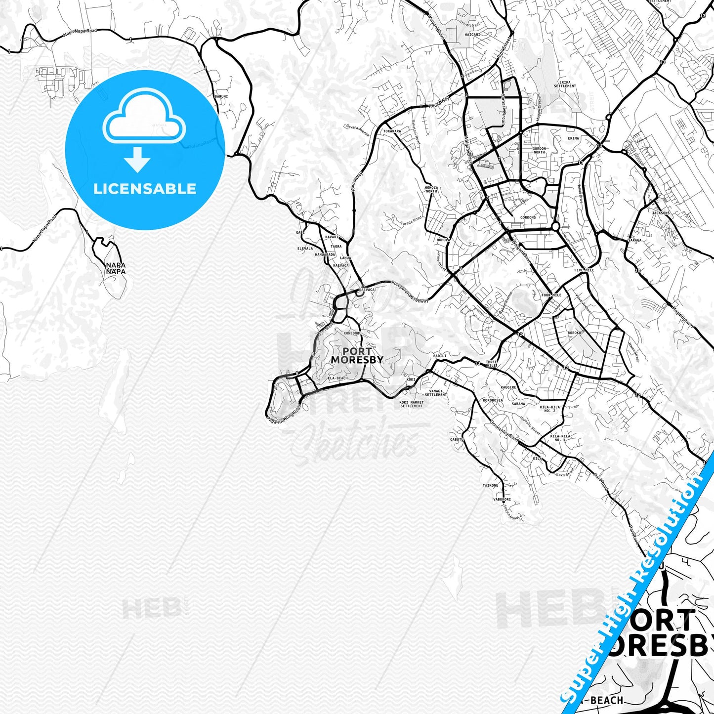 Port Moresby, Papua New Guinea Light Map with Street Names, City Names, and Districts