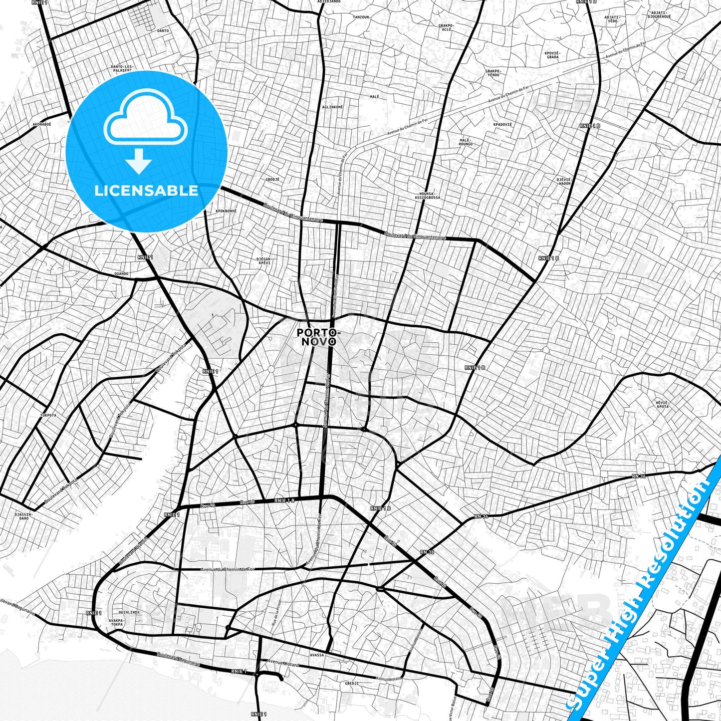 Porto-Novo, Benin Light Map with Street Names, City Names, and Districts