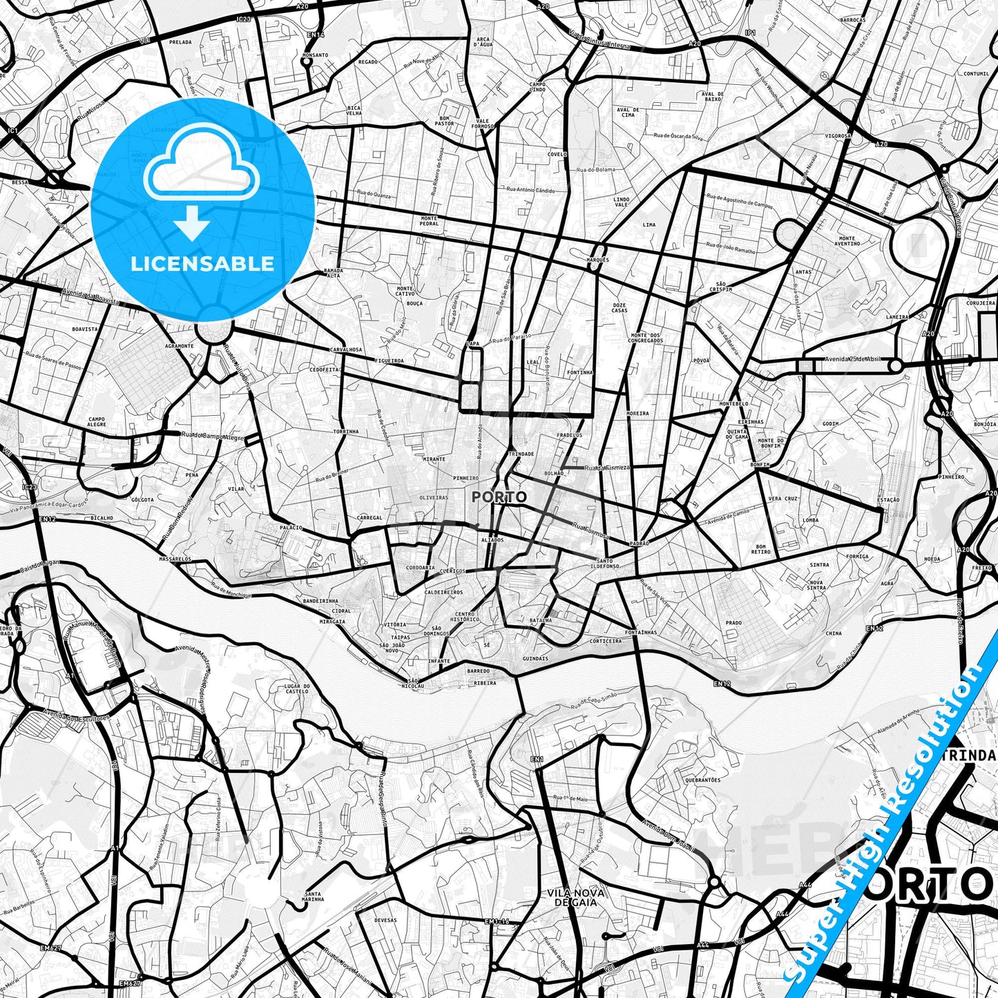 Porto, Portugal Light Map with Street Names, City Names, and Districts