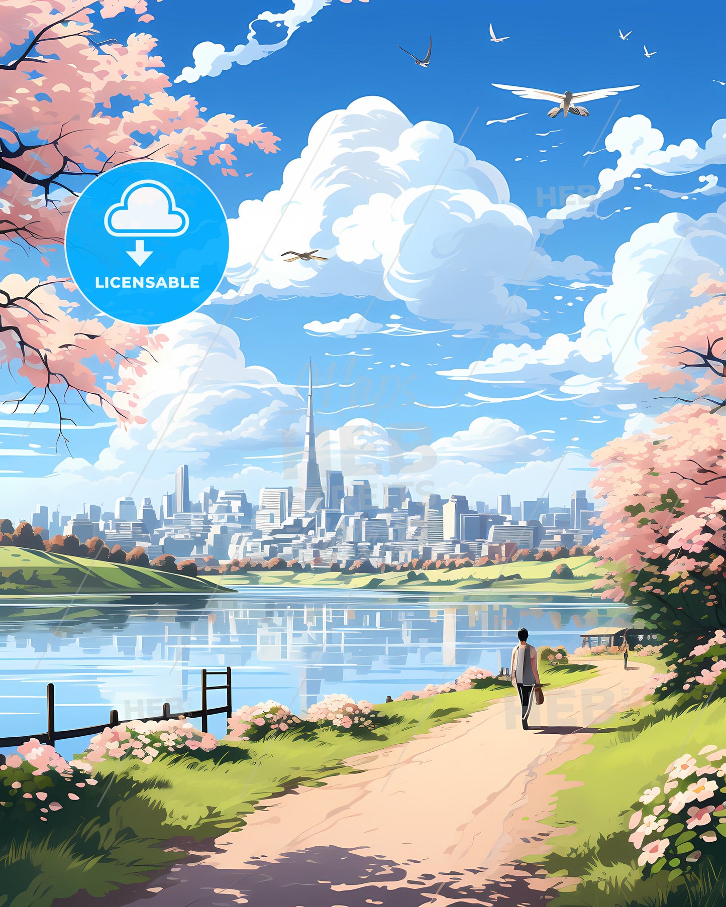 Tranquil Lakefront Path Amidst Colorful City Skyline Painting, Porto Velho Brazil