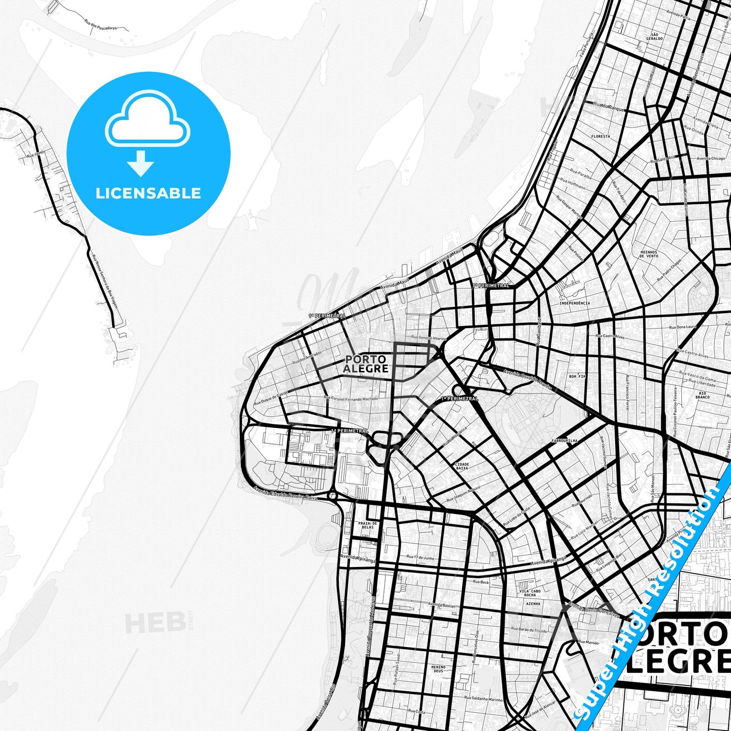 Porto Alegre, Brazil Light Map with Street Names, City Names, and Districts