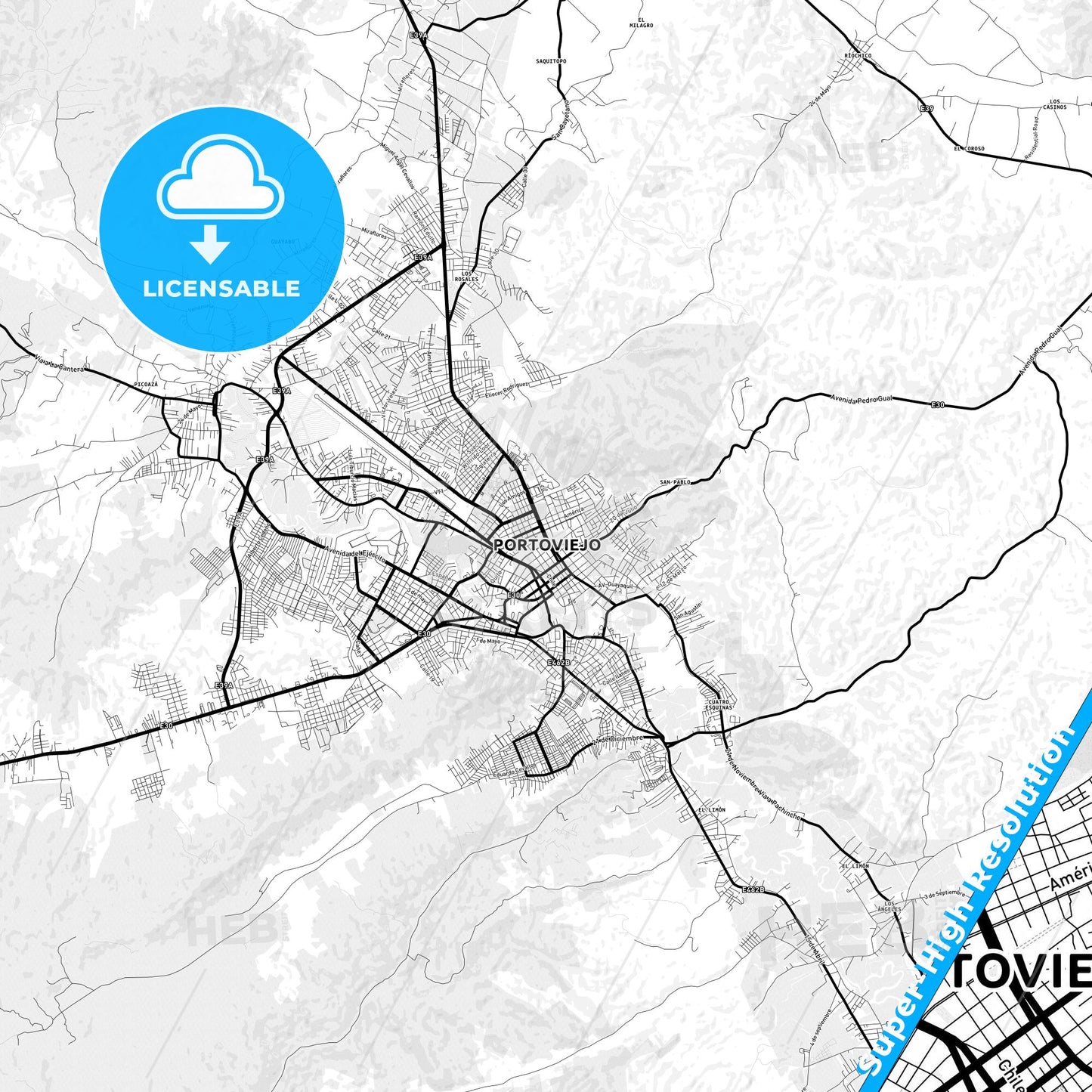 Portoviejo, Ecuador Light Map with Street Names, City Names, and Districts