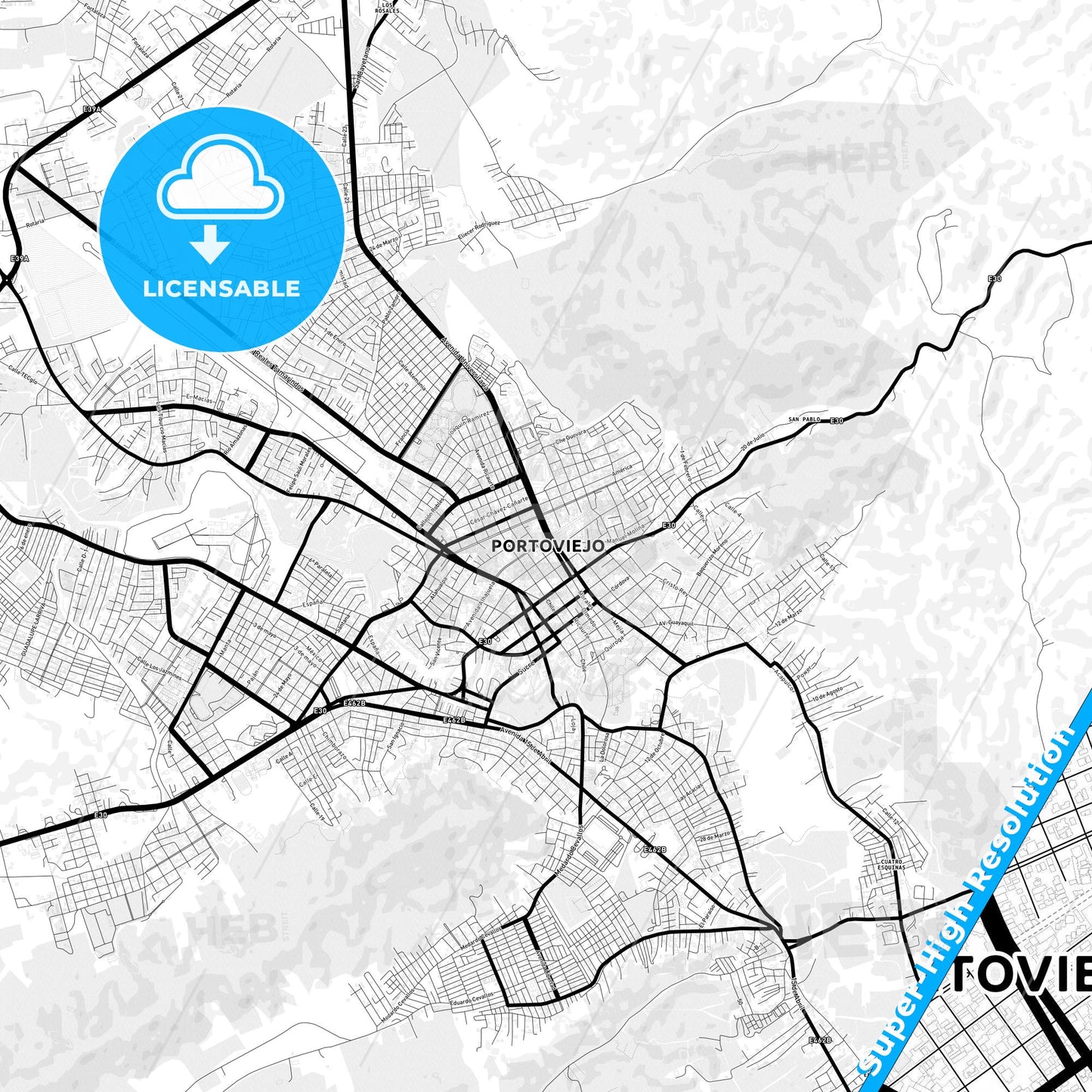 Portoviejo, Ecuador Light Map with Street Names, City Names, and Districts