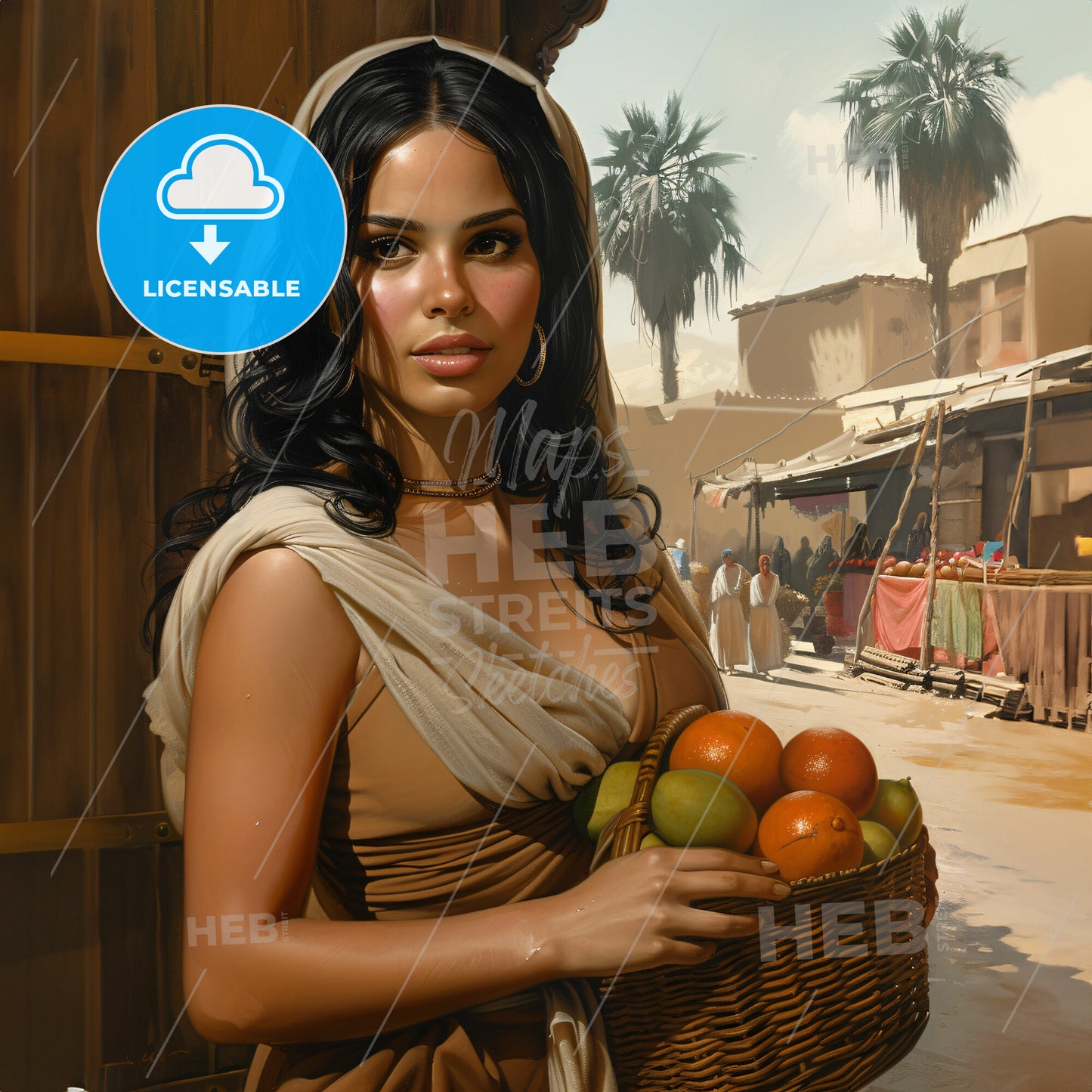 portrait of a beautiful Moroccan woman - A woman holding a basket of fruit