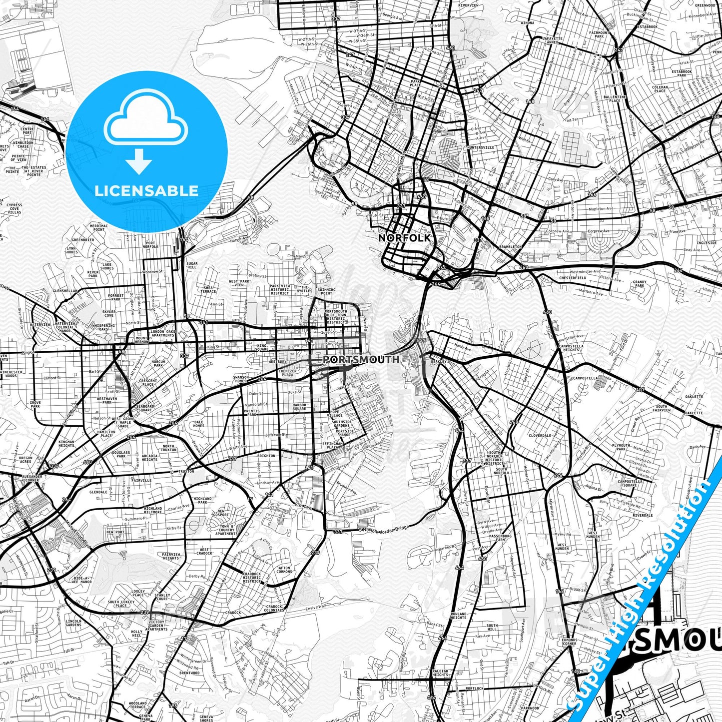 Portsmouth, Virginia Light Map with Street Names, City Names, and Districts