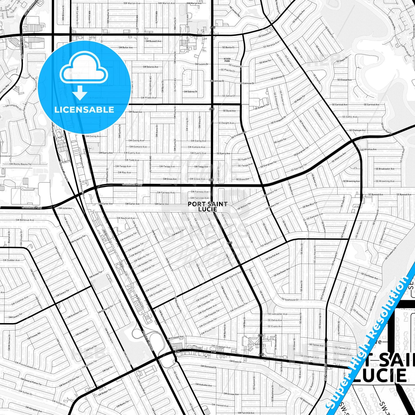Port St. Lucie, Florida Light Map with Street Names, City Names, and Districts