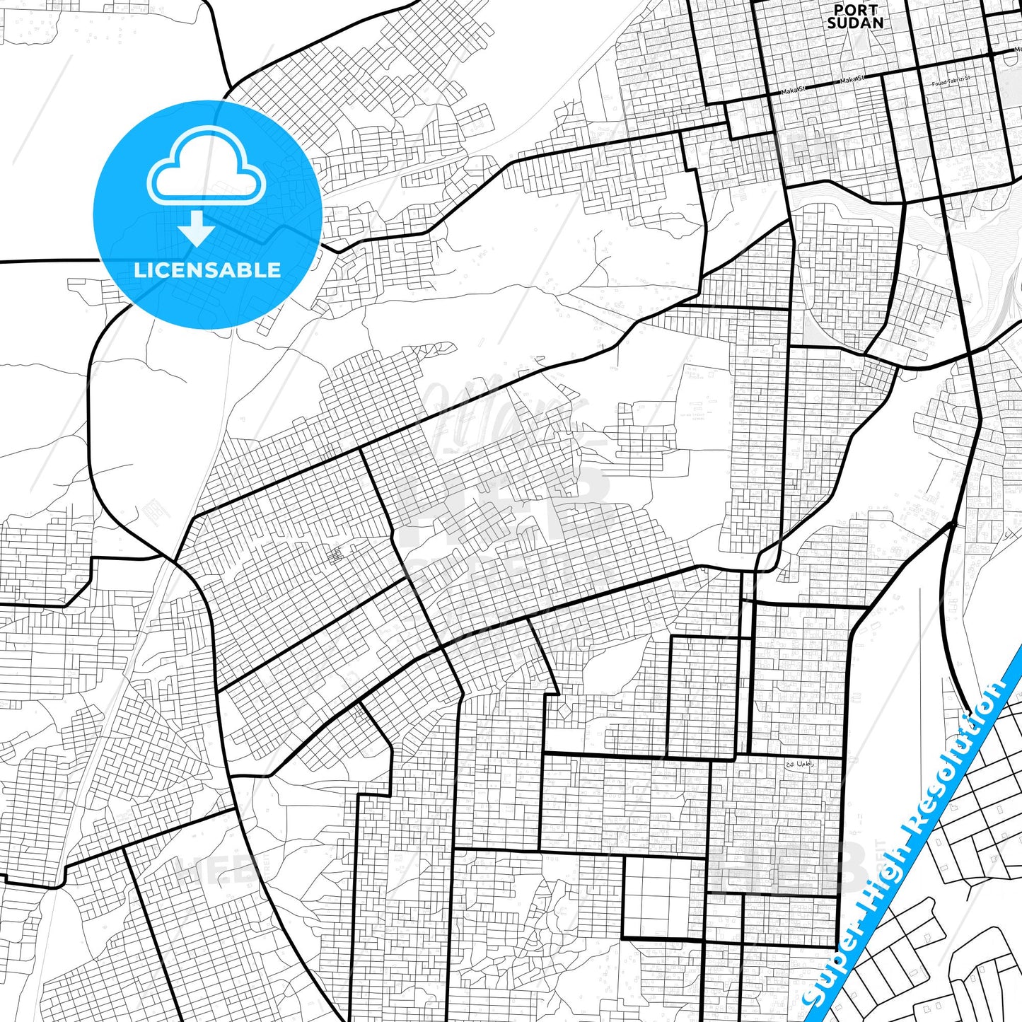 Port Sudan, Sudan Light Map with Street Names, City Names, and Districts