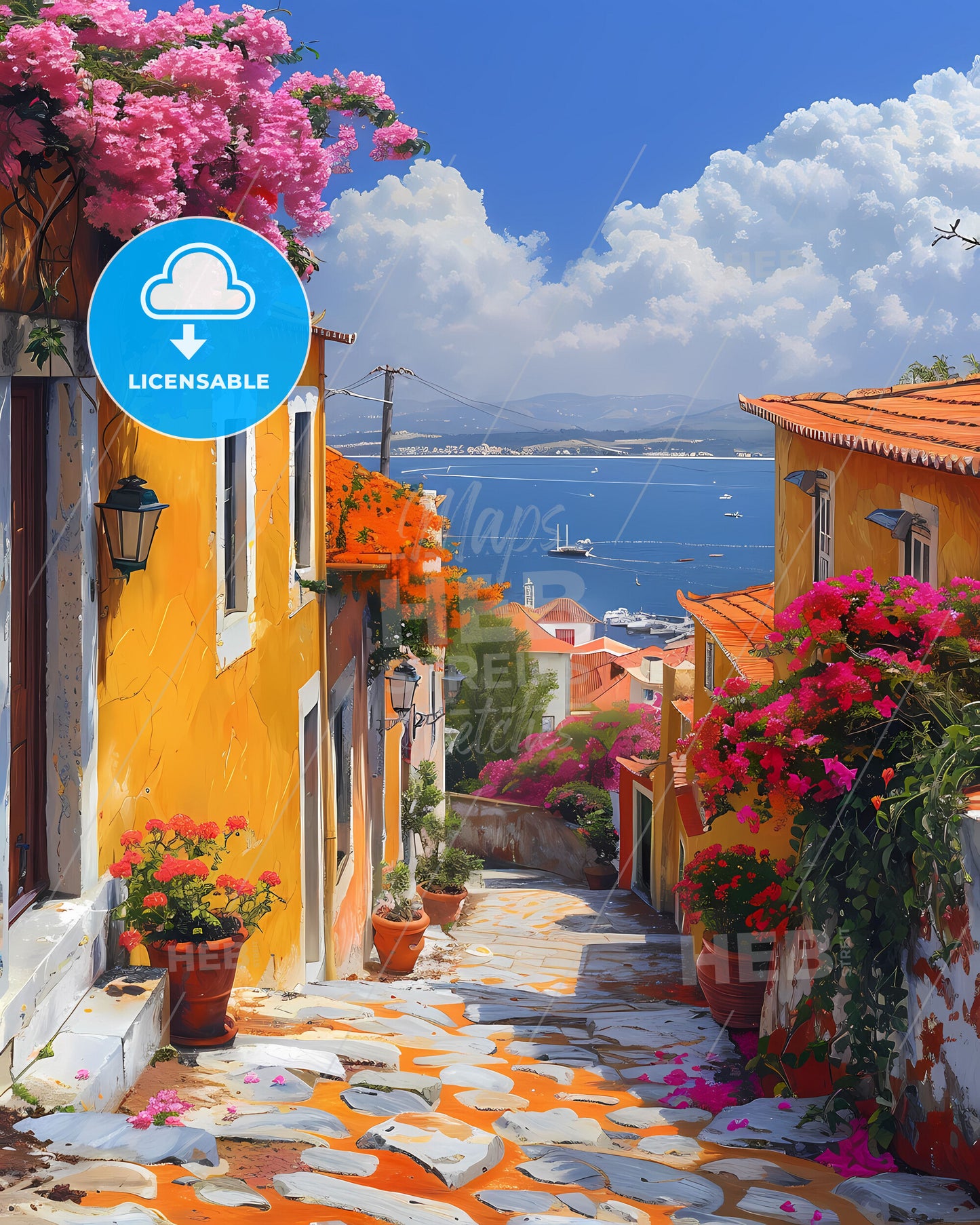 Artistic Street Scene in Lisbon, Portugal: Vibrant Floral Painting with Building Facades