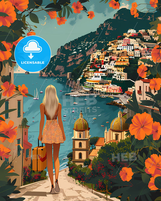 Positano, Italy - vibrant painting, path, woman, water, buildings, art, color, architecture, scenery, travel