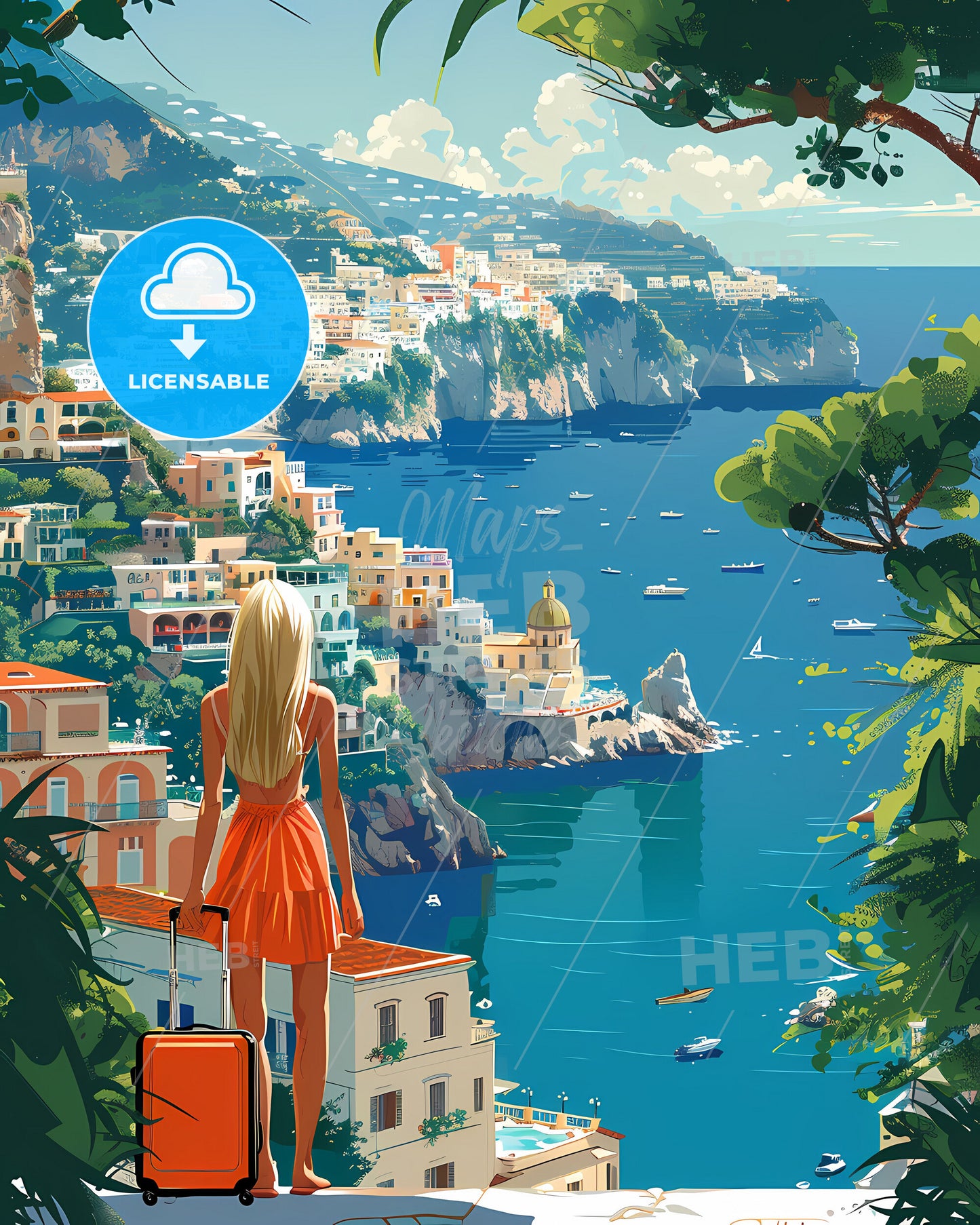 Panoramic, Painting, Landscape, Italy, Europe, Positano, Cliff, Town, Vibrant, Artwork, View, Woman, Nature