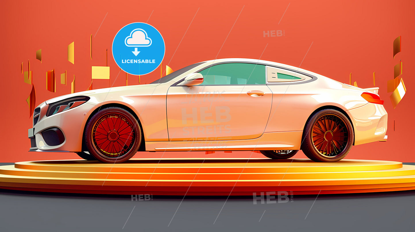 Vibrant Cartoon Car Art: White Vehicle on Podium, Realistic Visual Effects, Clean Background