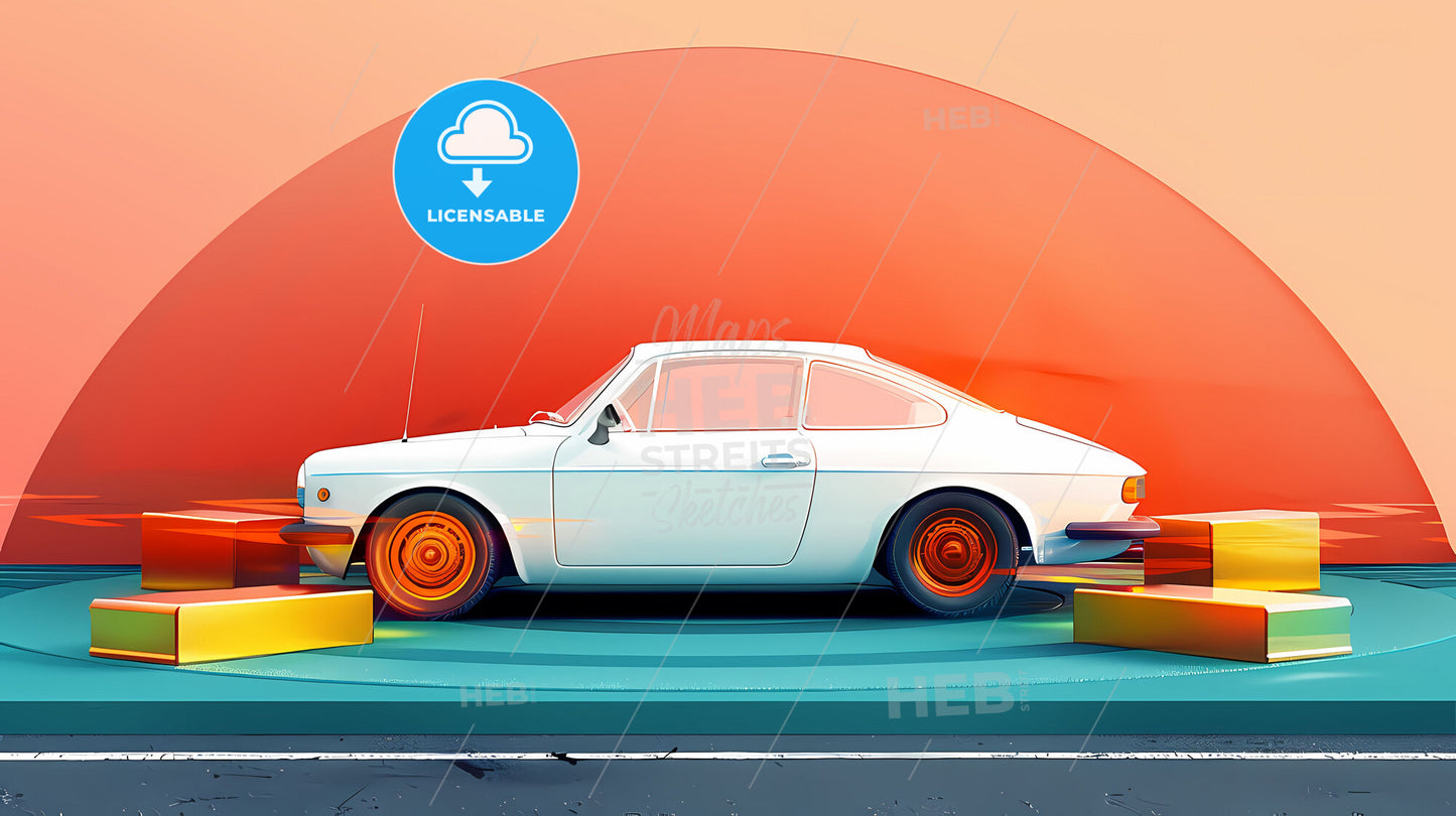 Artistic Depiction of a White Car on a Platform: Digital Painting with Cartoonish Elements