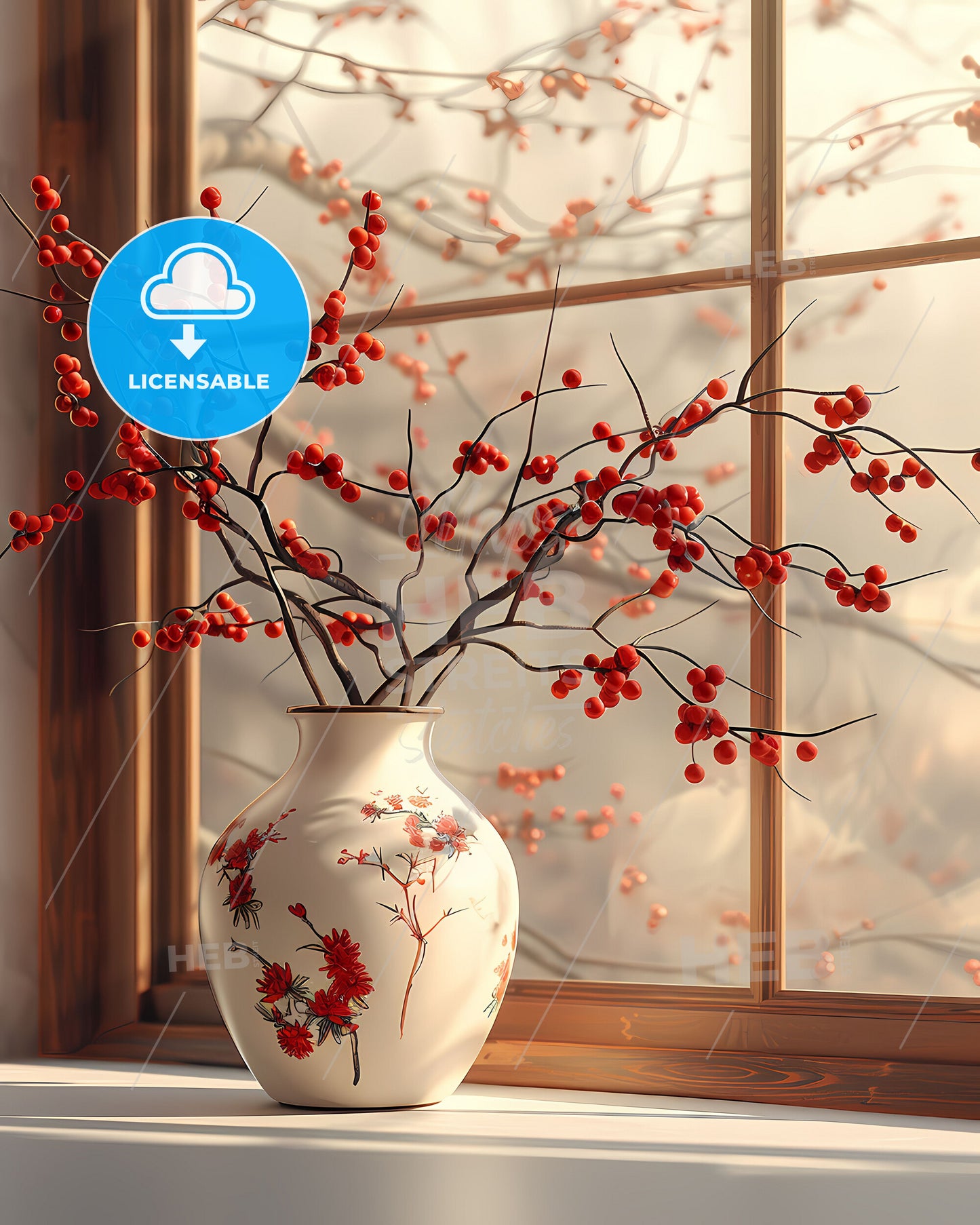 Spring Breath Minimalist Painting: Vase with Red Berries, Large White Space, Classical Vase