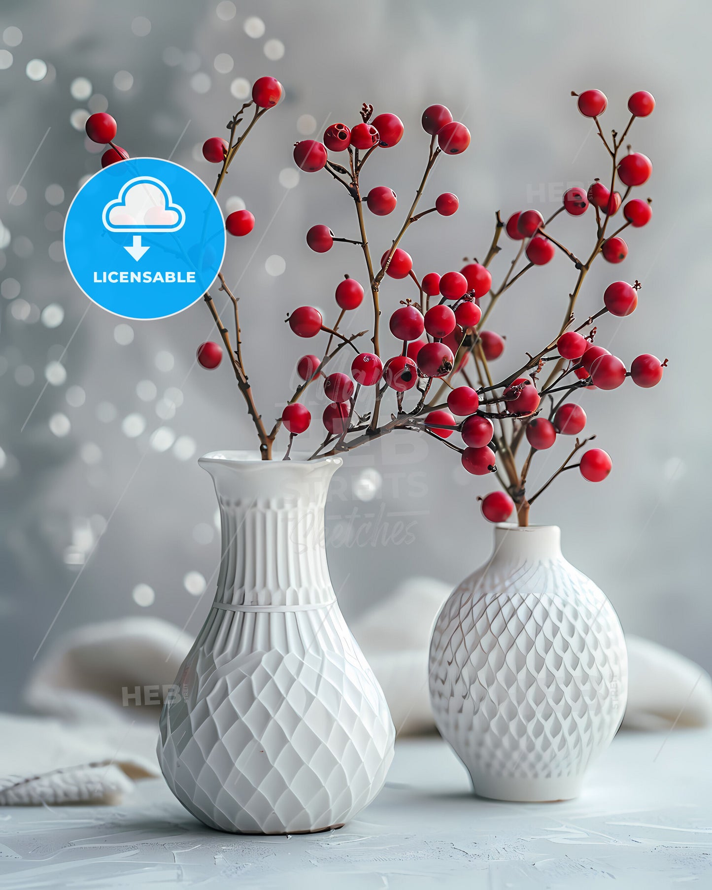 Art painting with two white vases with red berries showing the breath of spring and classical small vase of holly