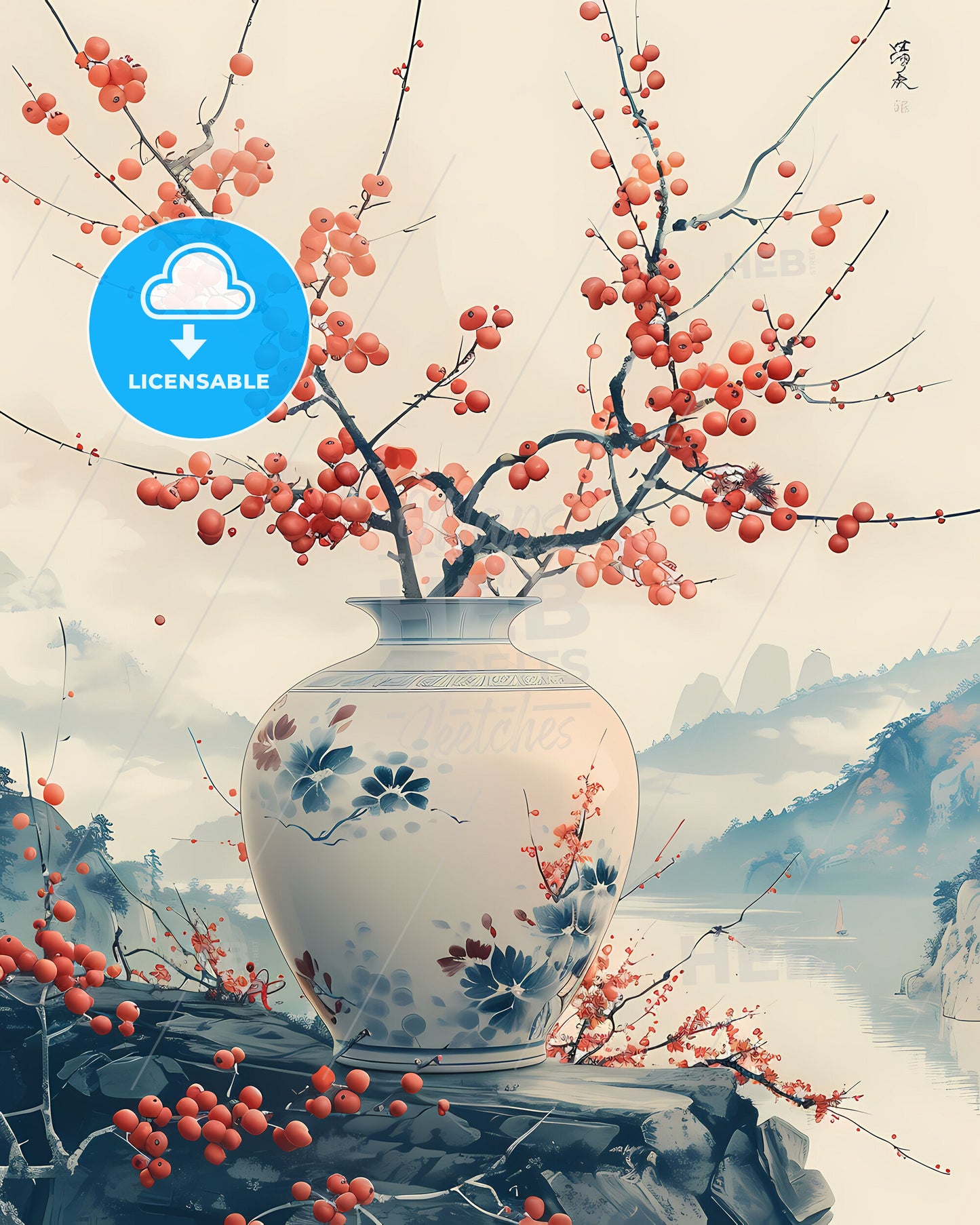 Art Deco Flower Vase with Red Berries Bottom Vision