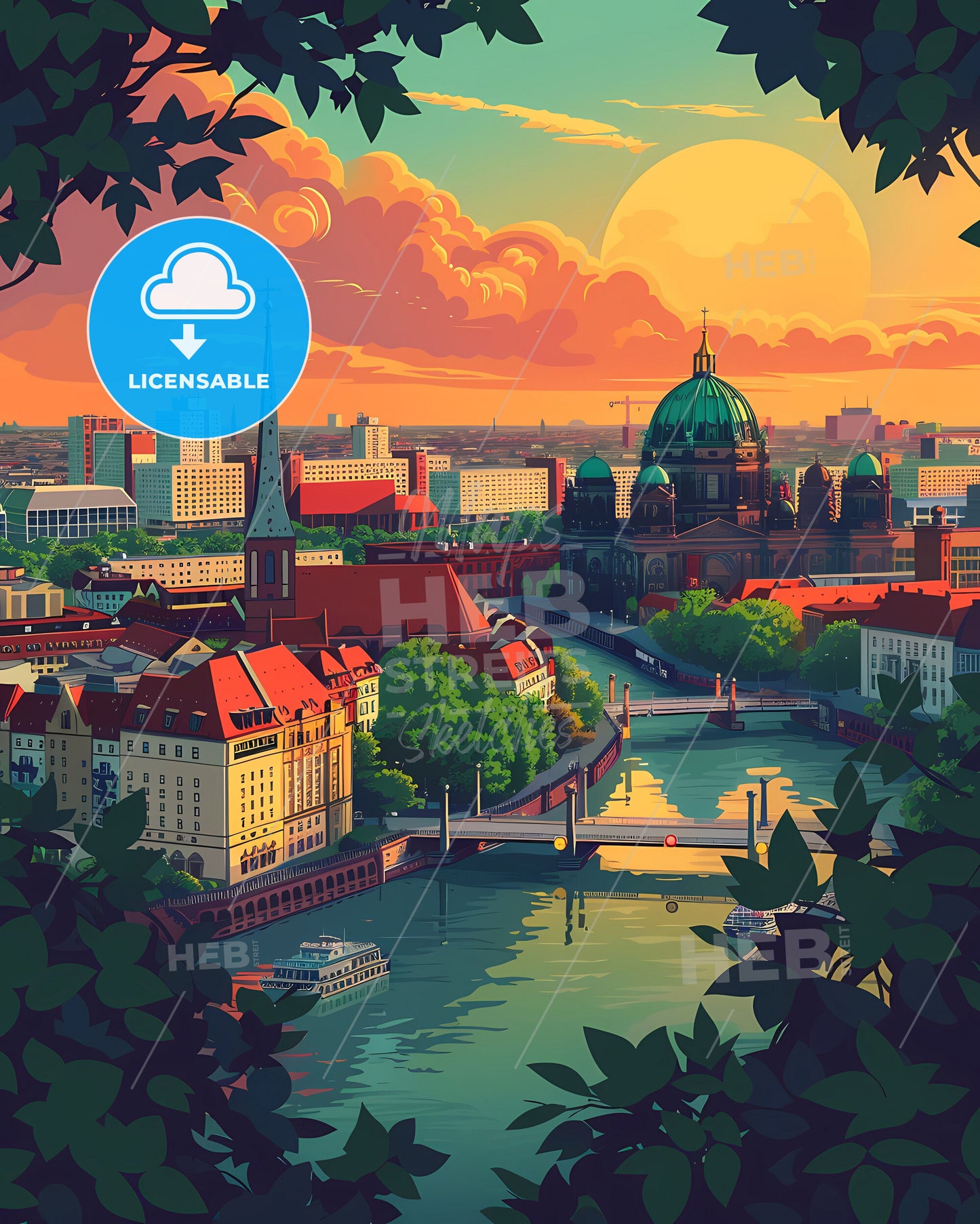 Panoramic cityscape painting of Berlin with river, bridge, and iconic architecture