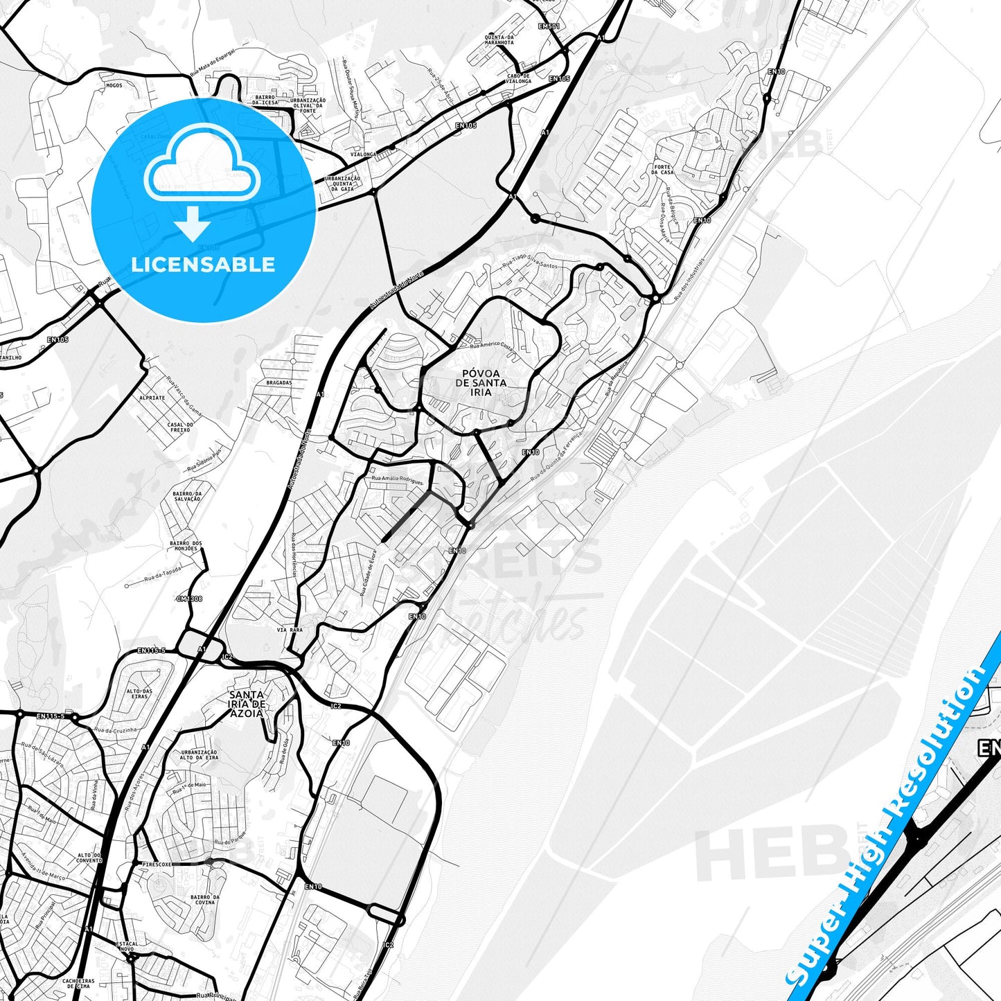 Póvoa de Santa Iria, Portugal Light Map with Street Names, City Names, and Districts