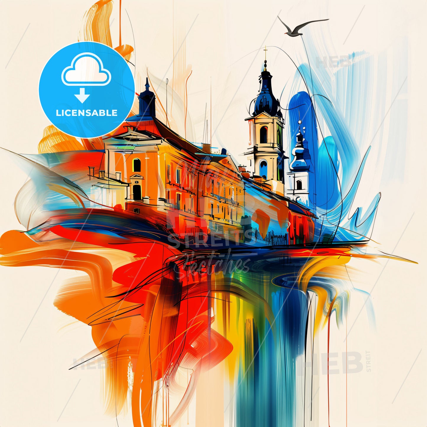 Vibrant Poznań, Poland - A Painting Of A Building With A Bird Flying