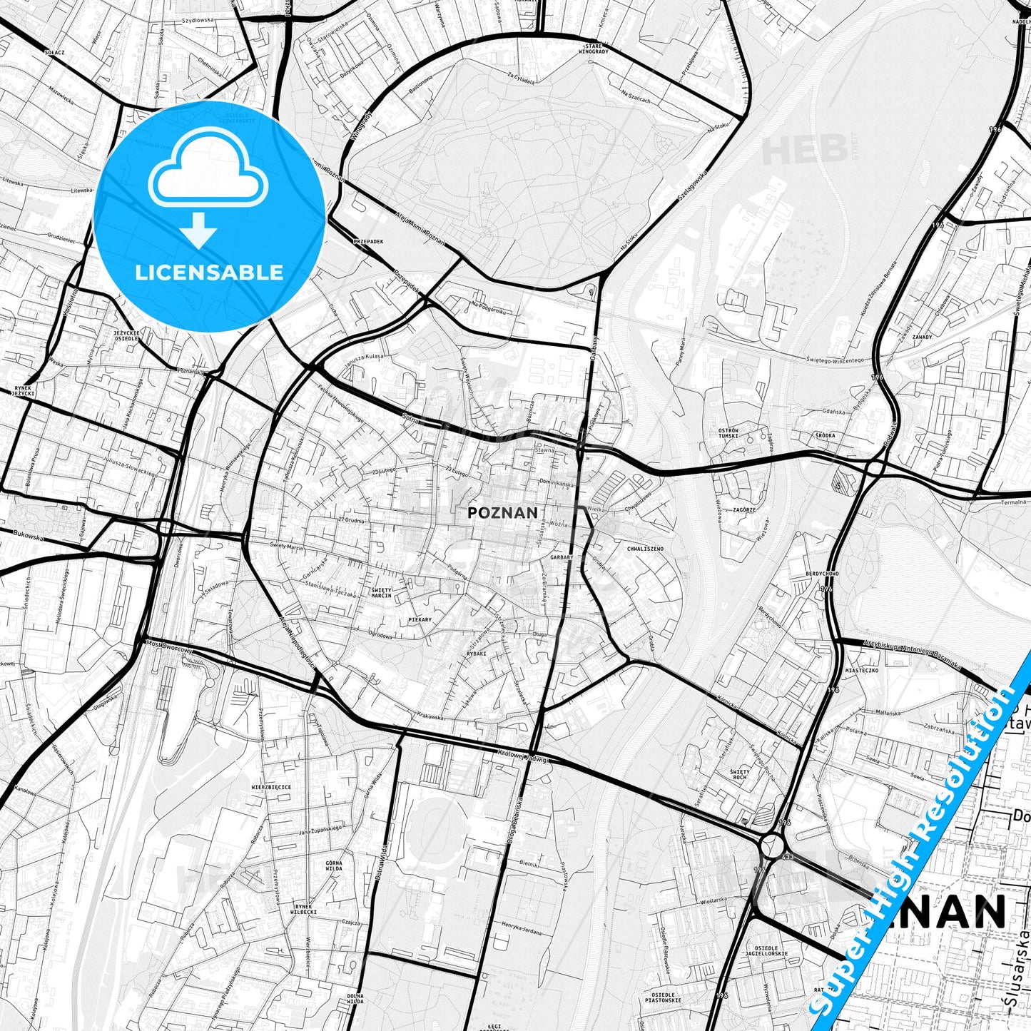 Poznań, Poland Light Map with Street Names, City Names, and Districts
