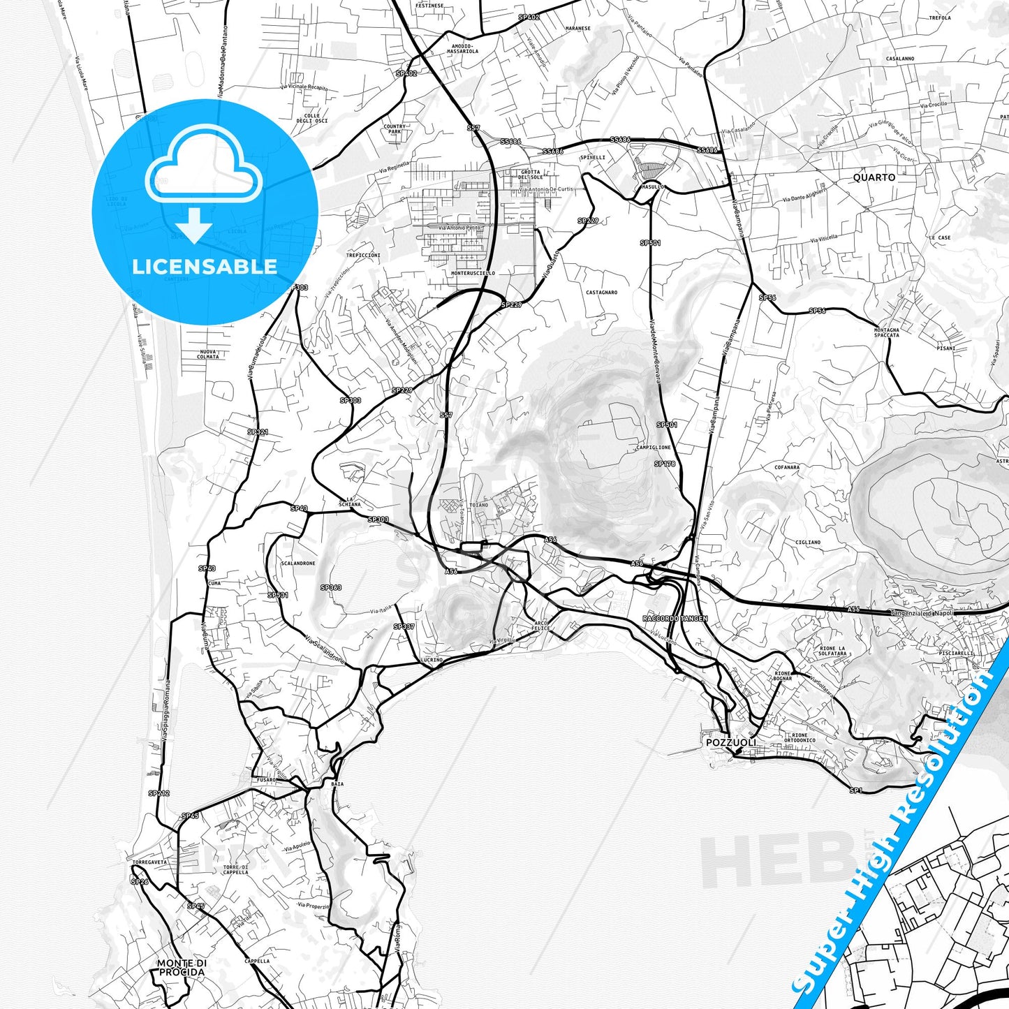 Pozzuoli, Italy Light Map with Street Names, City Names, and Districts