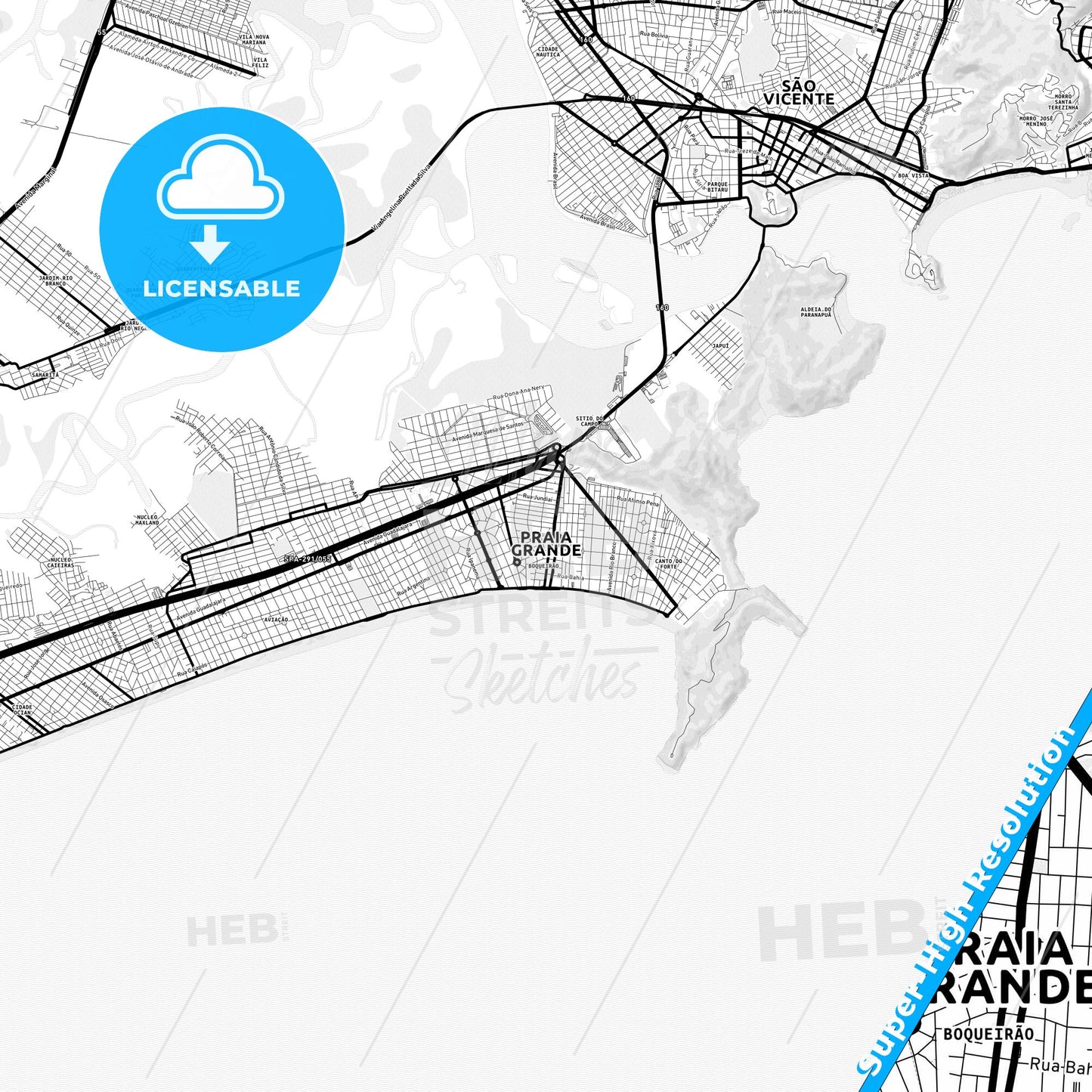 Praia Grande, Brazil Light Map with Street Names, City Names, and Districts